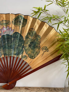 Large Vintage Chinese Handpainted Silk Fan for Wall Decor