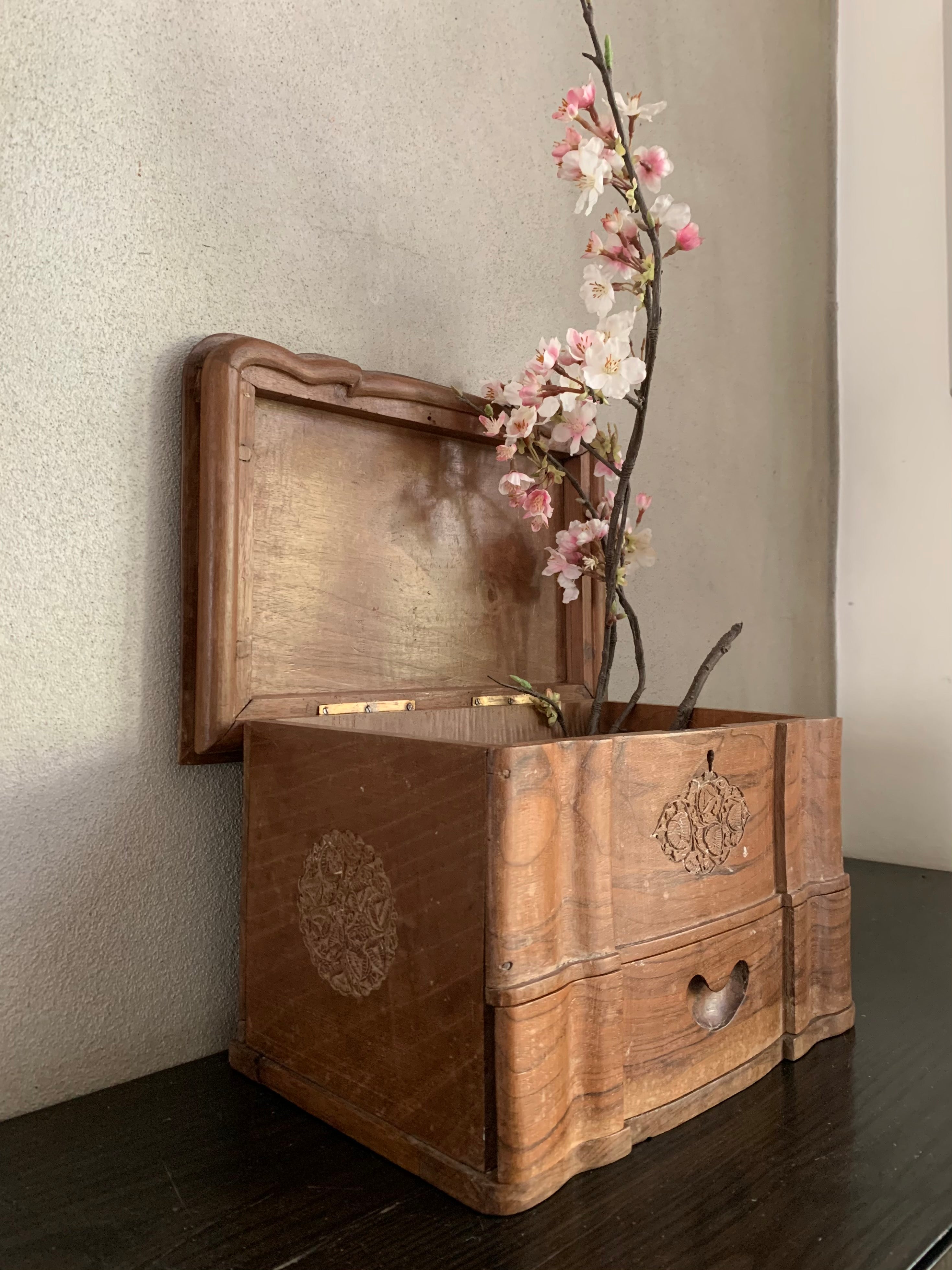 Old Carved Wooden Box with Drawers and decorative motifs