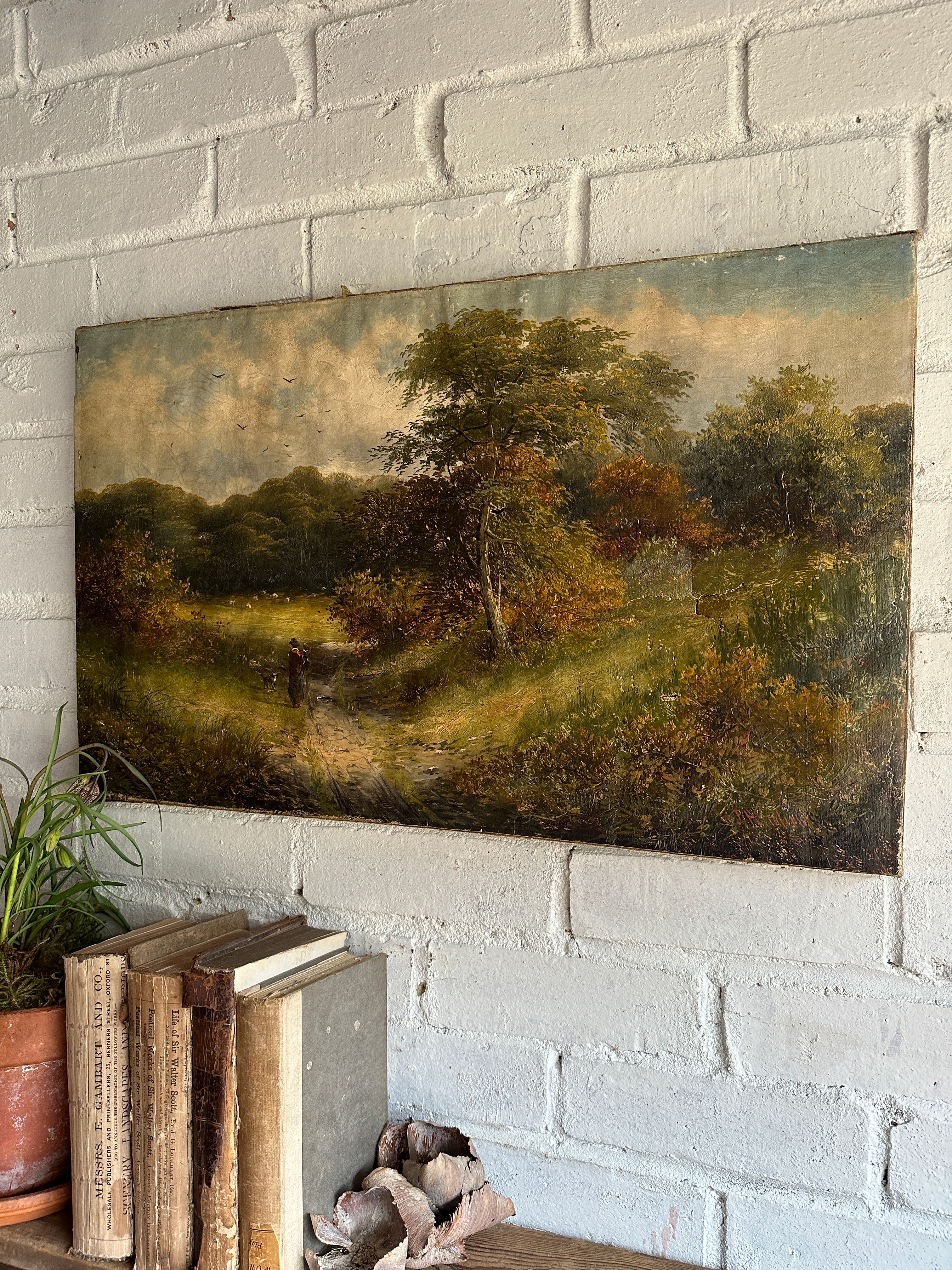19th Century Landscape with Woman & Dog: Unframed Oil on Canvas