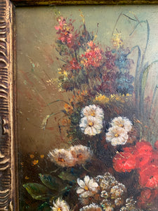 Red Burst: Small Floral Oil in Gesso Frame