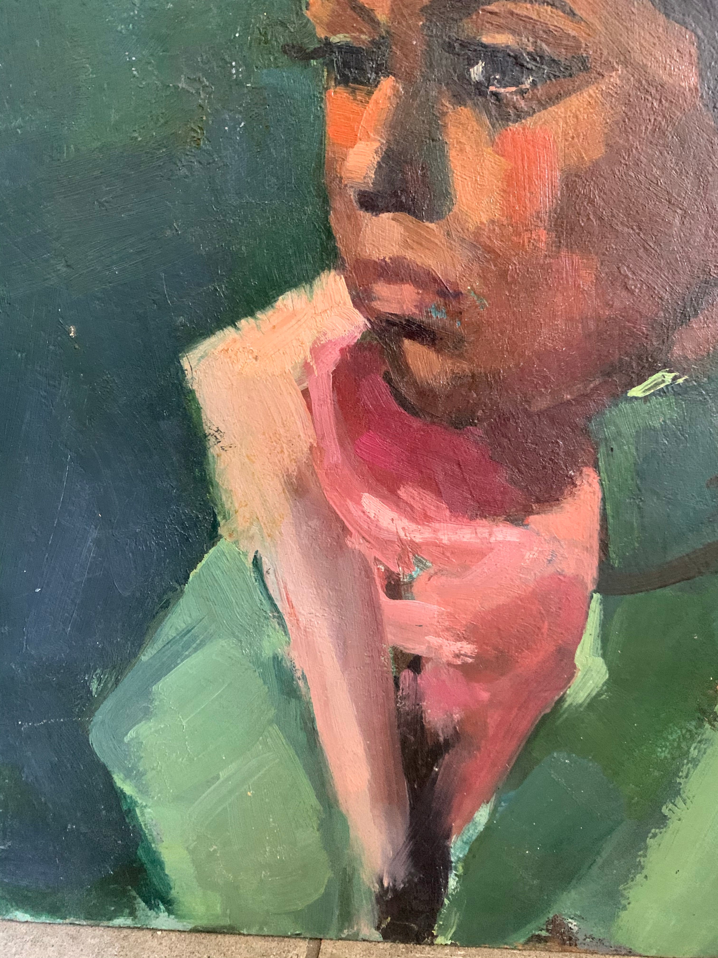 Portrait of Lady in Green and Pinks - Oil Painting on Board