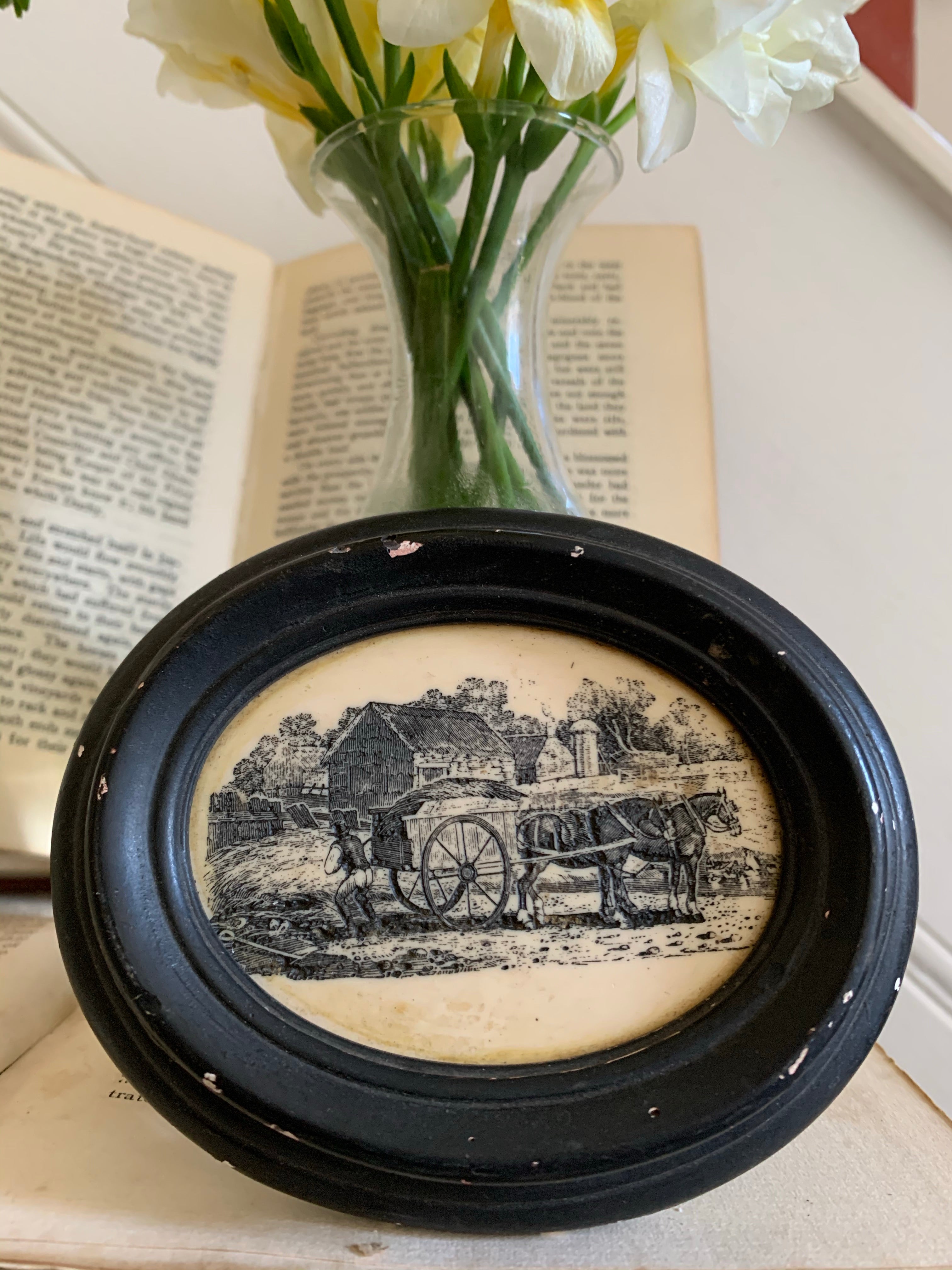 Miniature Oval Etching: Horse & Carriage