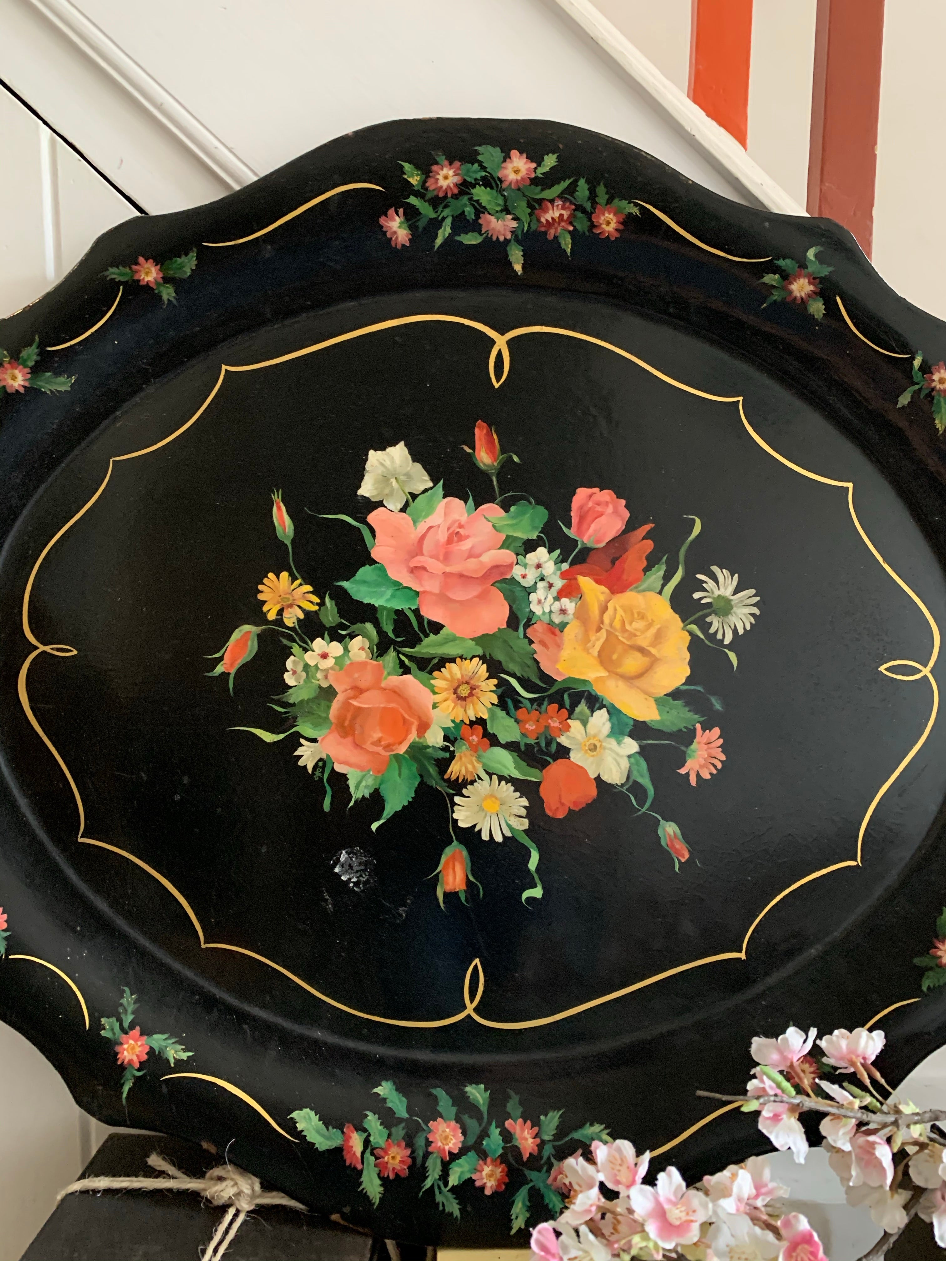 Very Large Antique Black Lacquered Tray