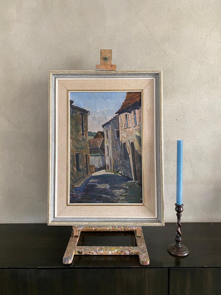 Midcentury Abstract Oil Painting: A Glimpse of a Village