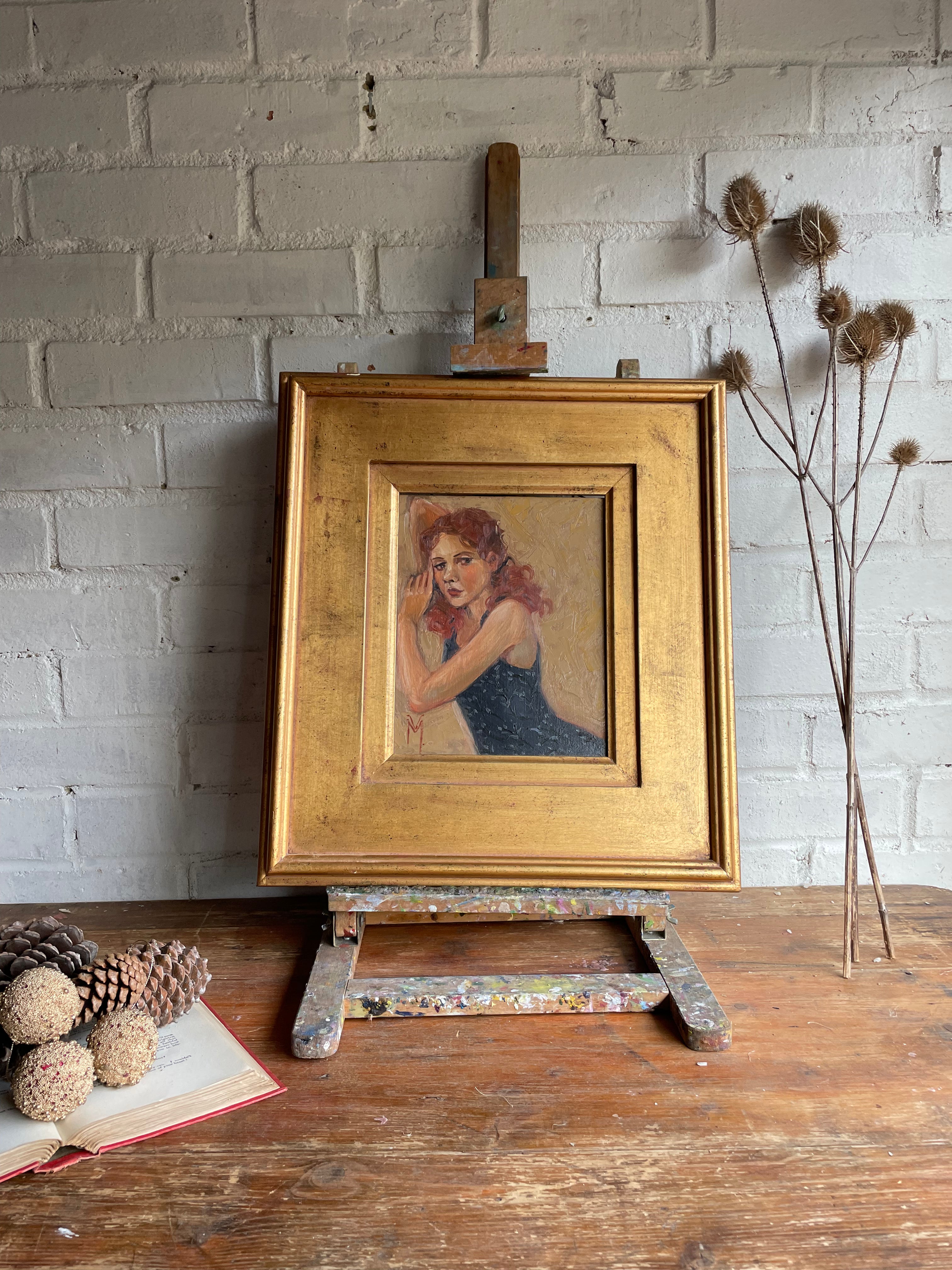 Lady with Red Hair: Midcentury Framed Oil on Board