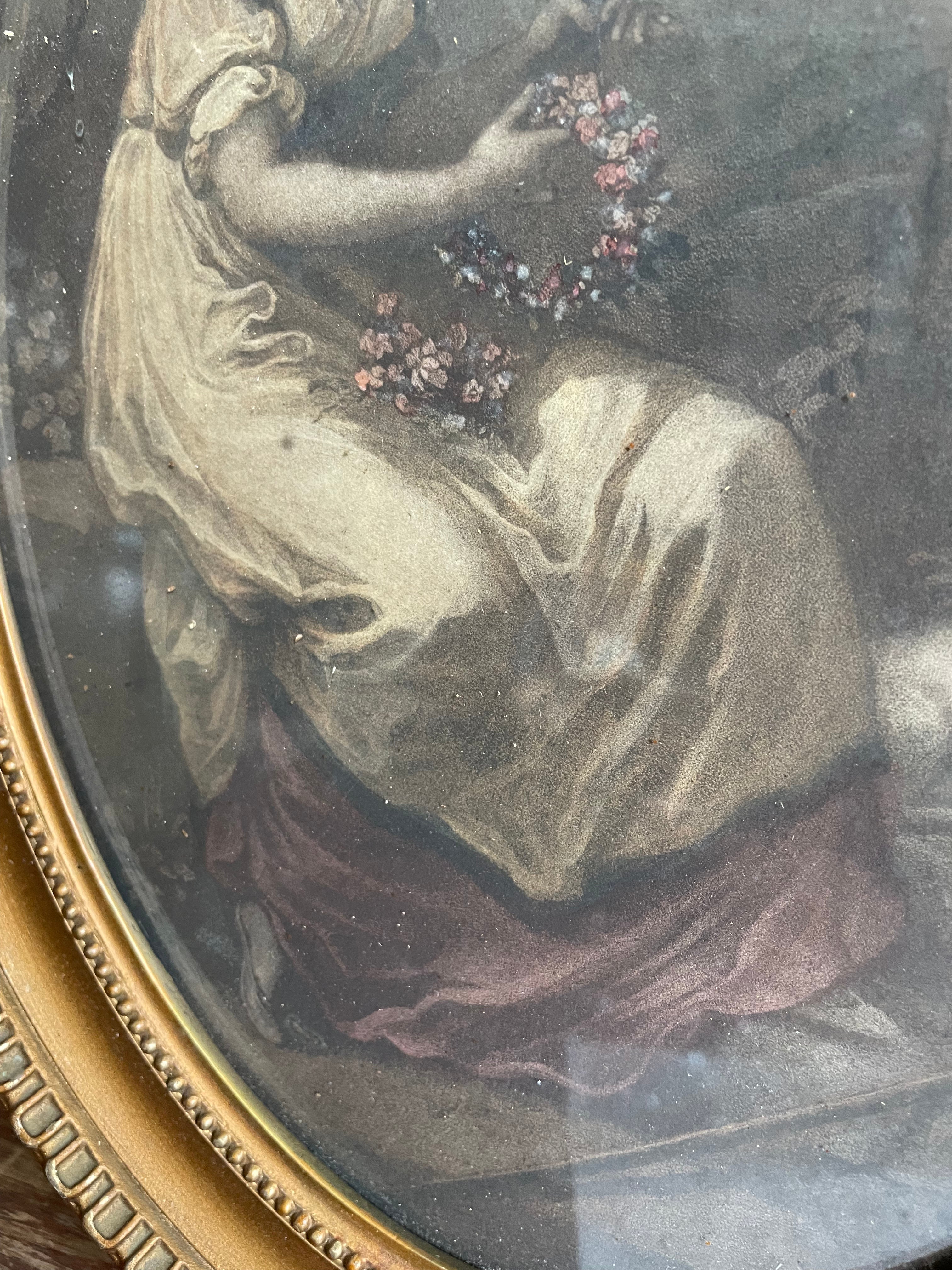 Antique Framed Lithographic Print of a Lady with Flower Garland