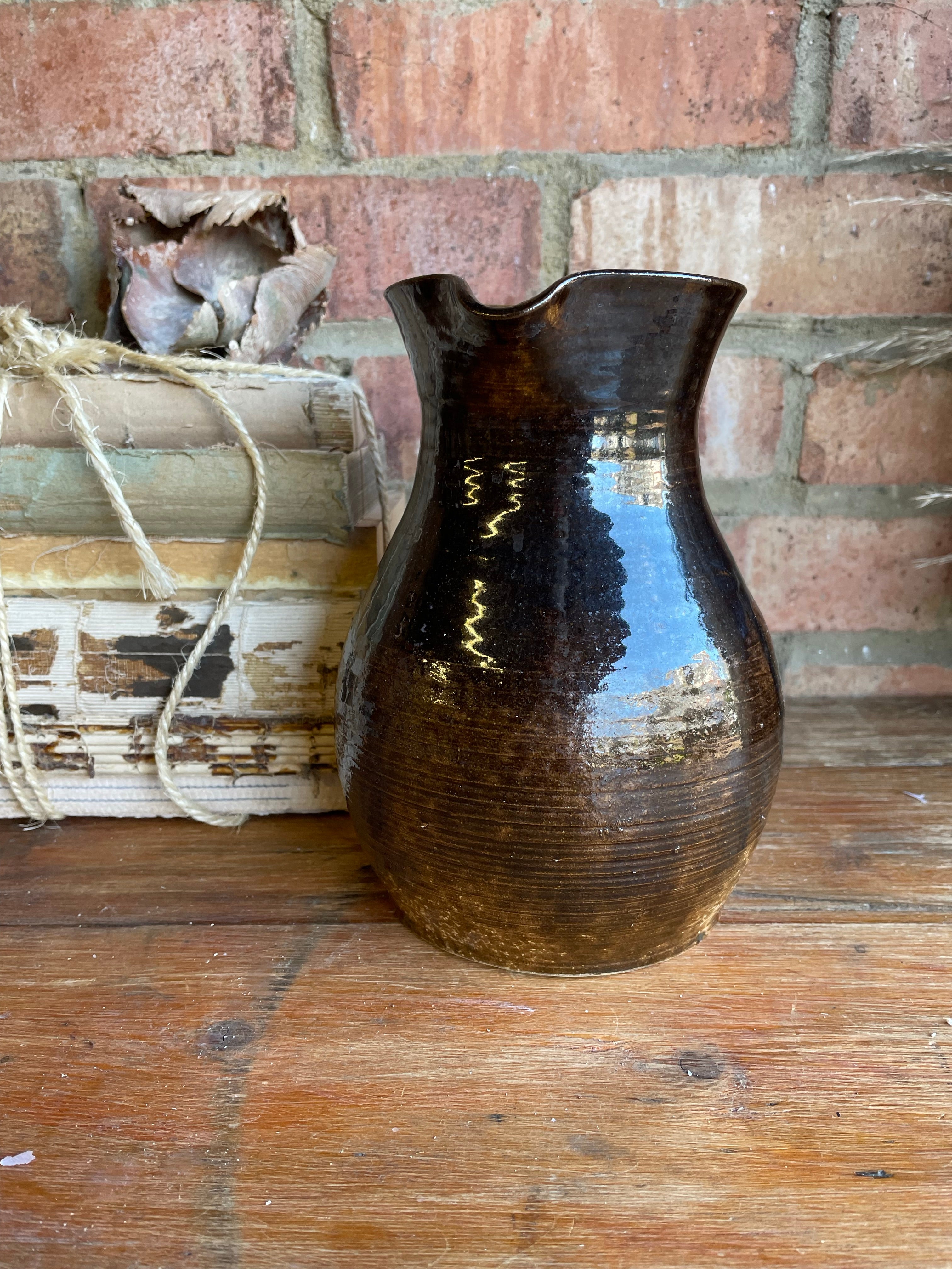 French Glazed Ceramic Jug in Chocolate Brown Hues