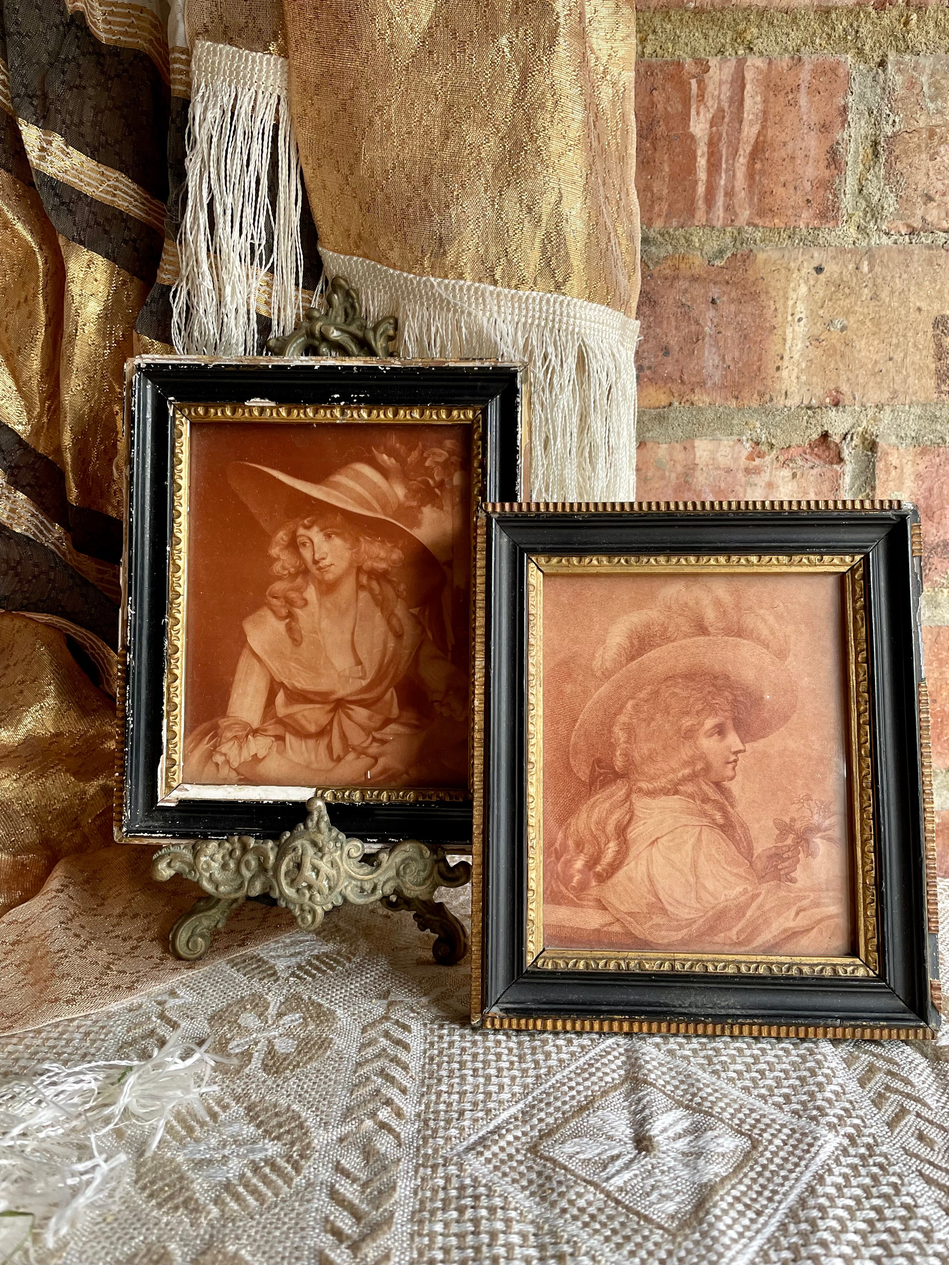 Pair of Tiny 18th Century Framed Mezzotint of Ladies in Hats