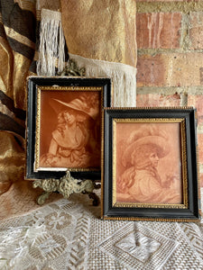 Pair of Tiny 18th Century Framed Mezzotint of Ladies in Hats