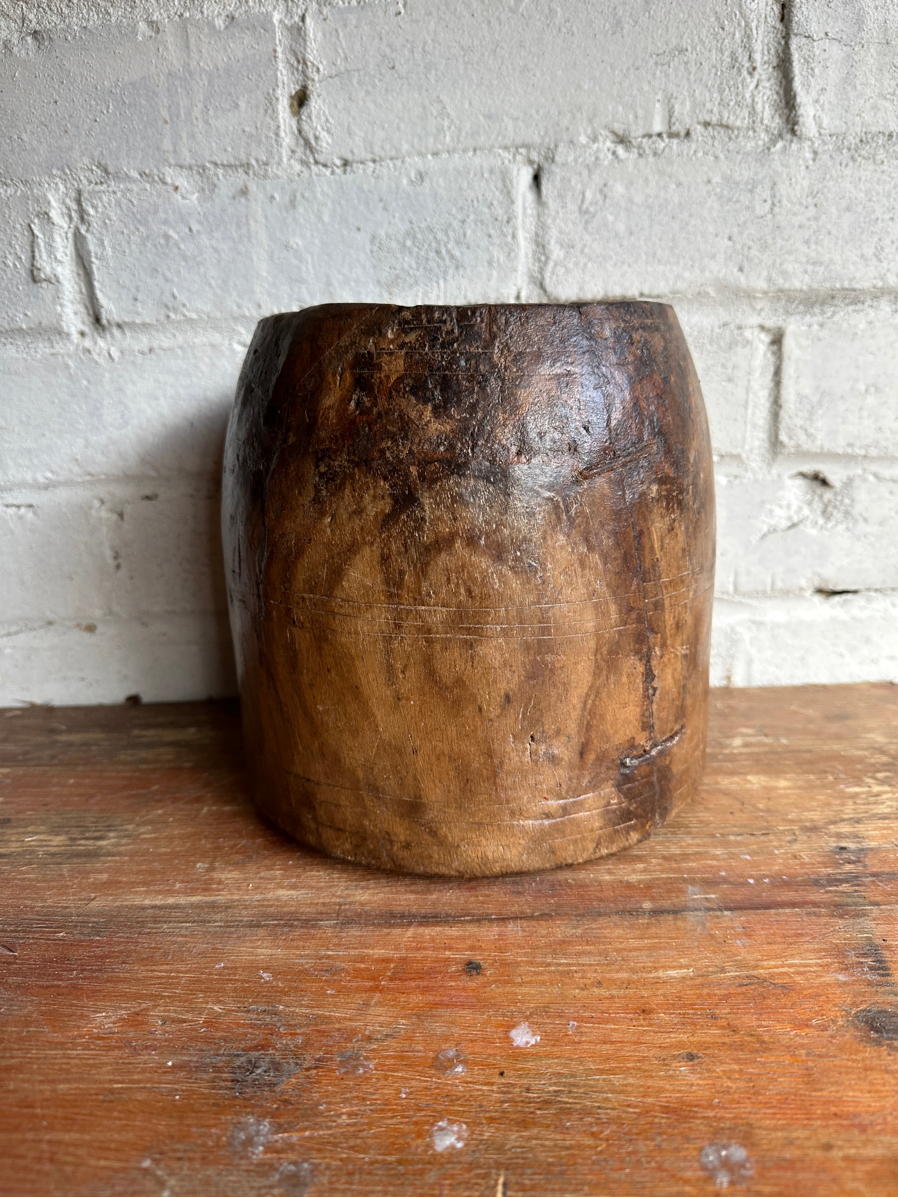 19th Century Indian Hand-Carved Wood Grain Measure Pot
