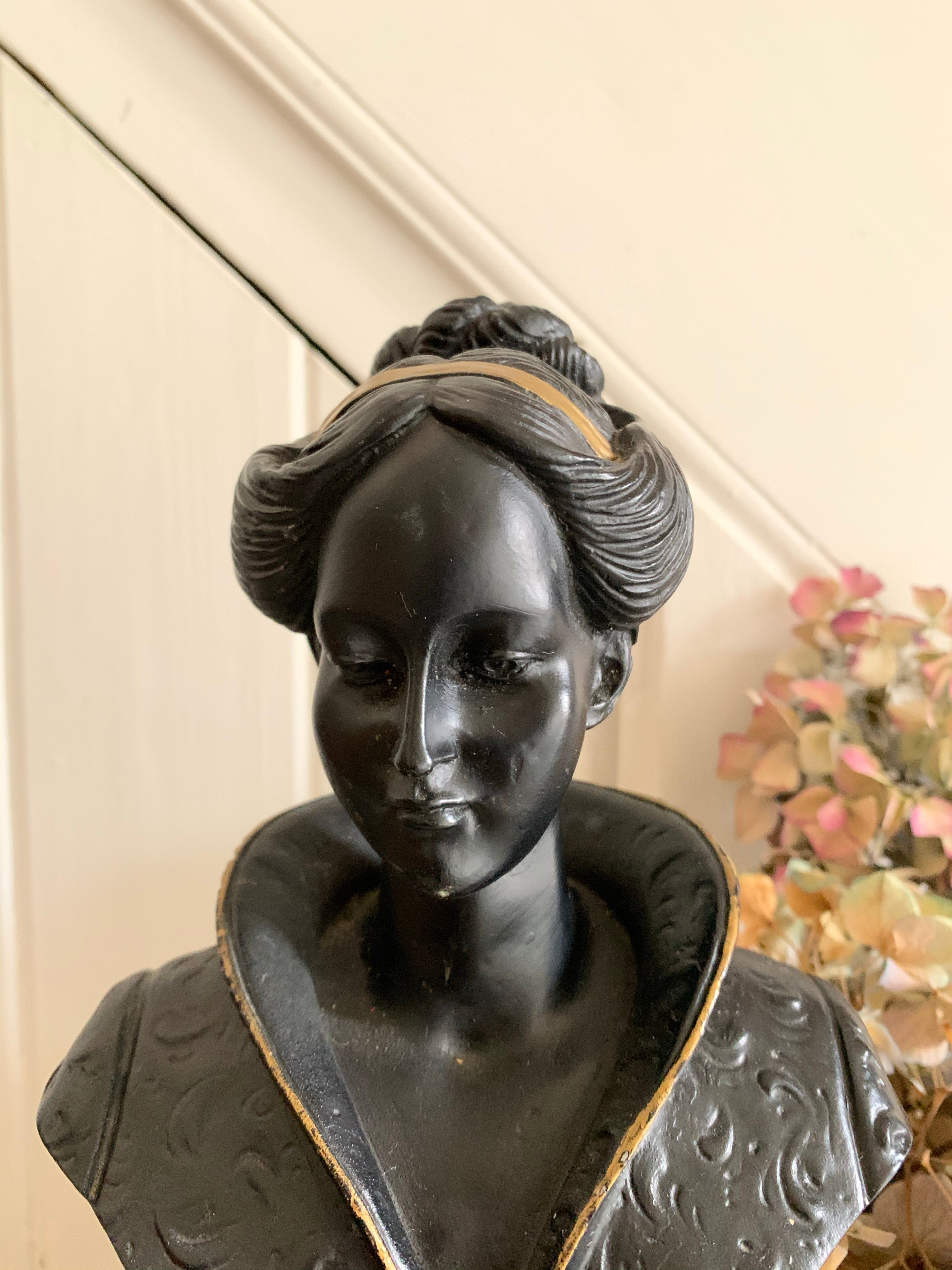 Black Lacquered Bust on Alabaster Base