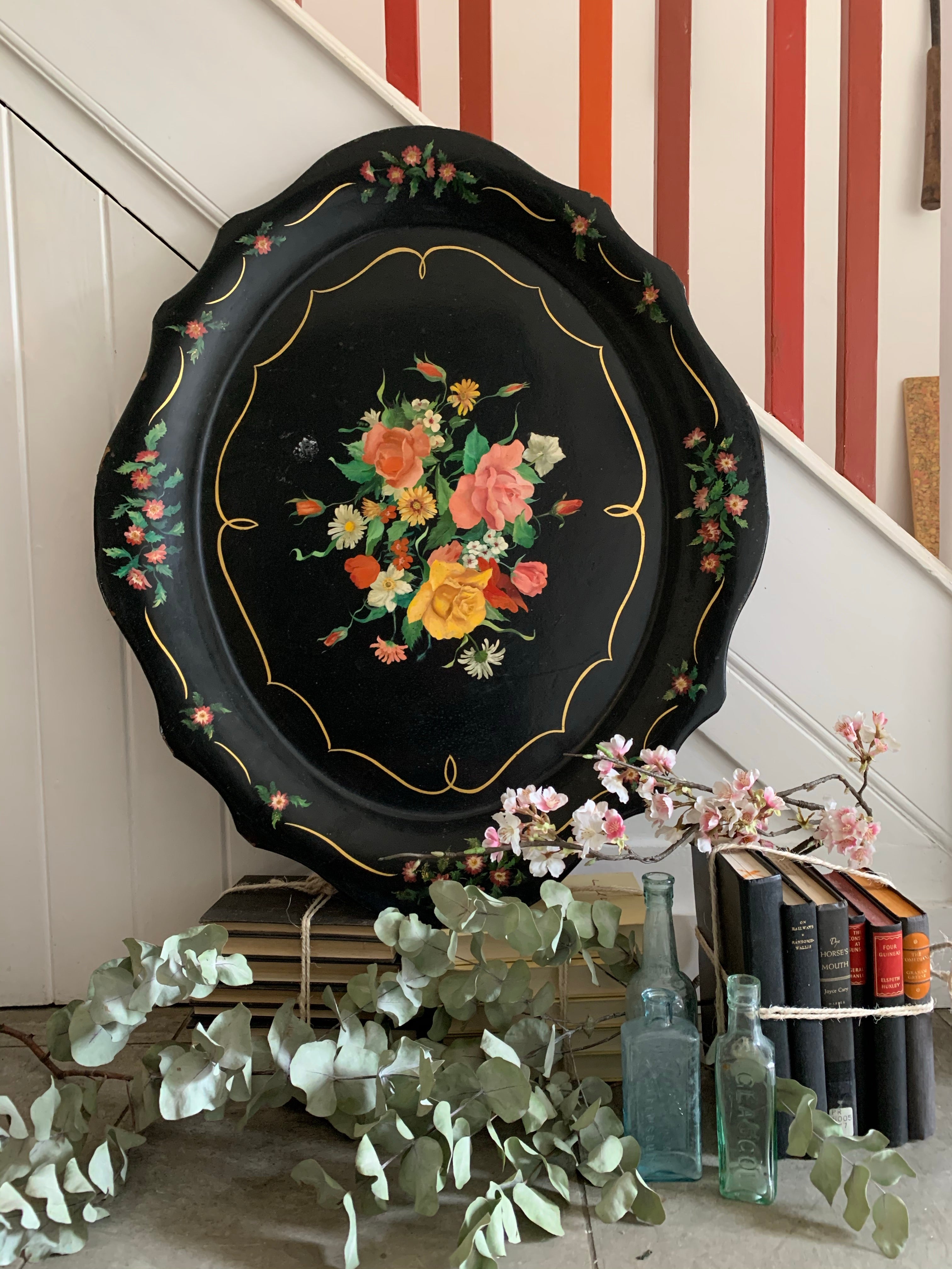 Very Large Antique Black Lacquered Tray