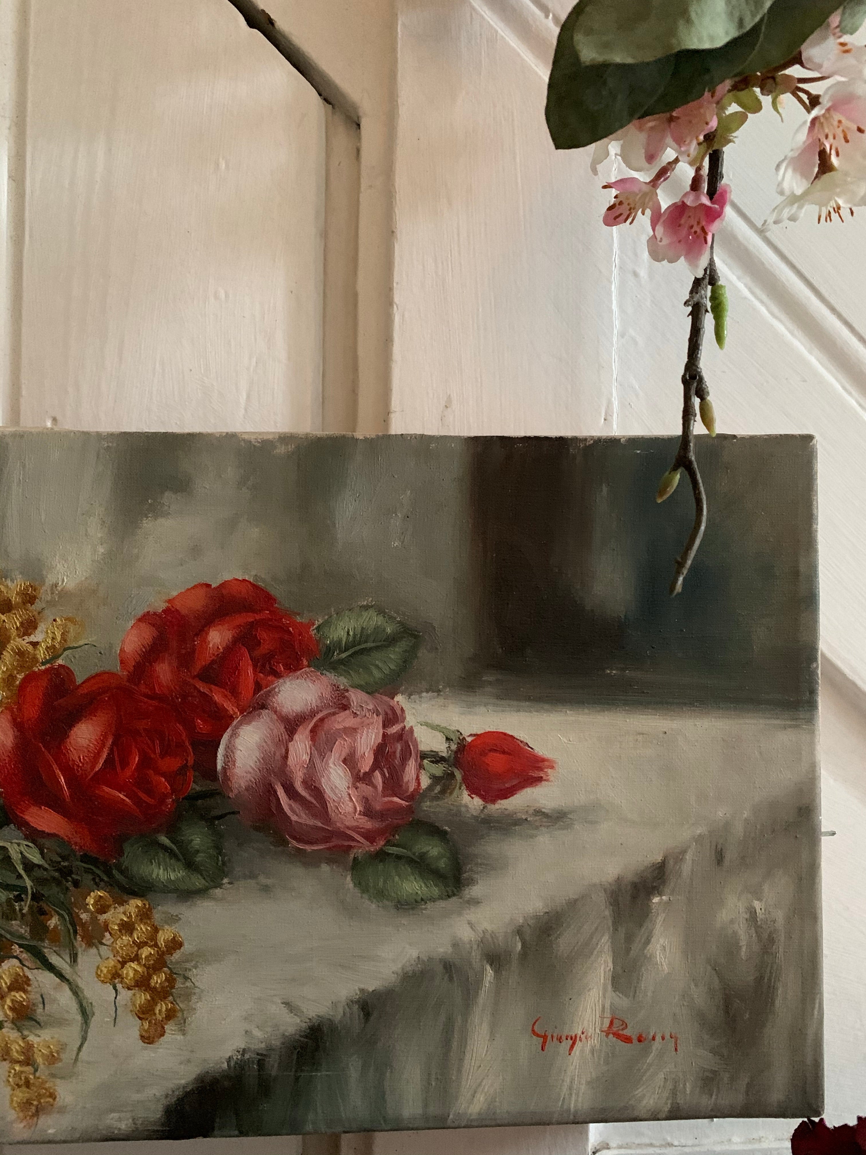 Small Antique Floral Oil on Canvas