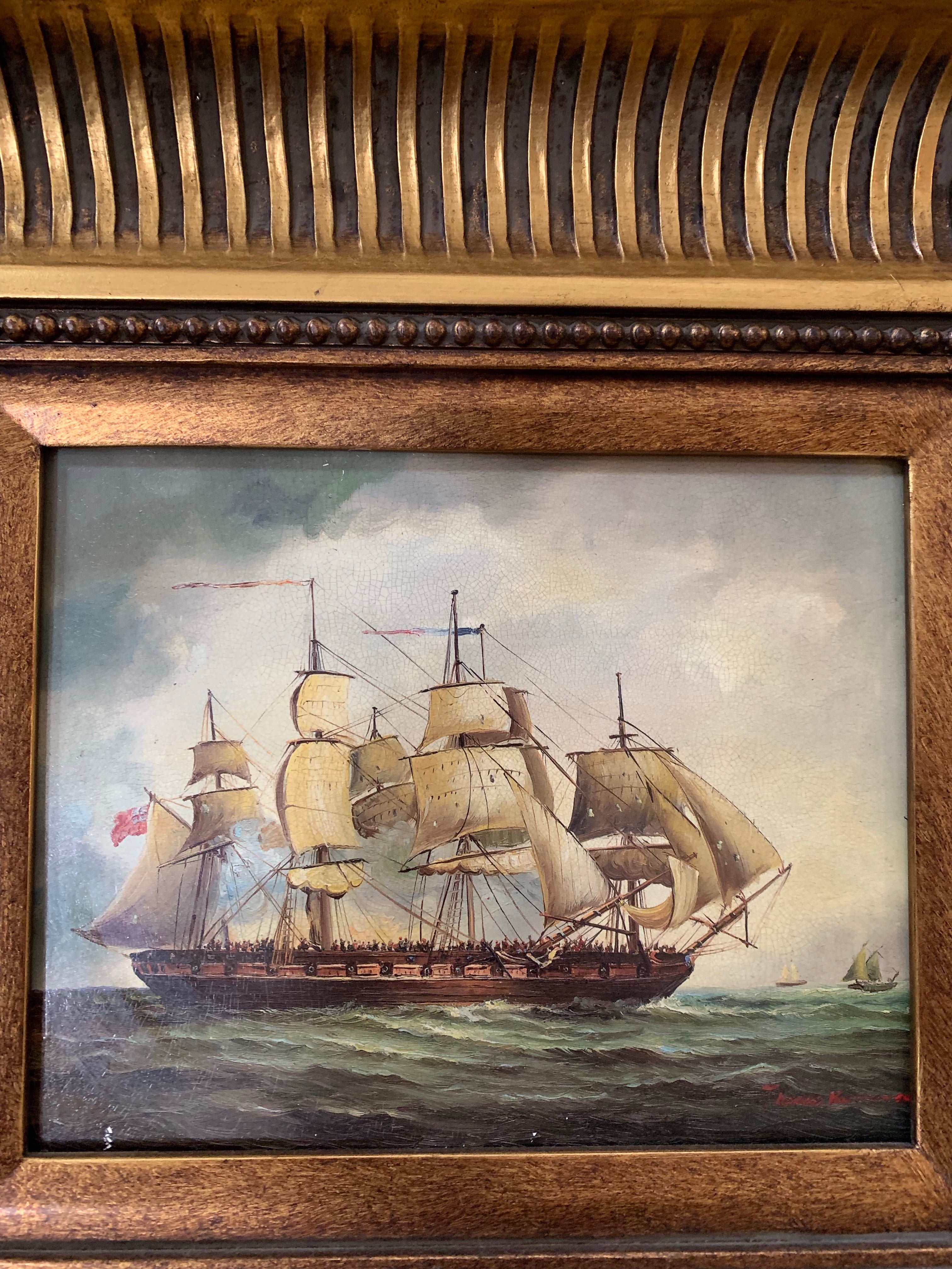 Pair of carved gilt frames with prints depicting 18th century ships