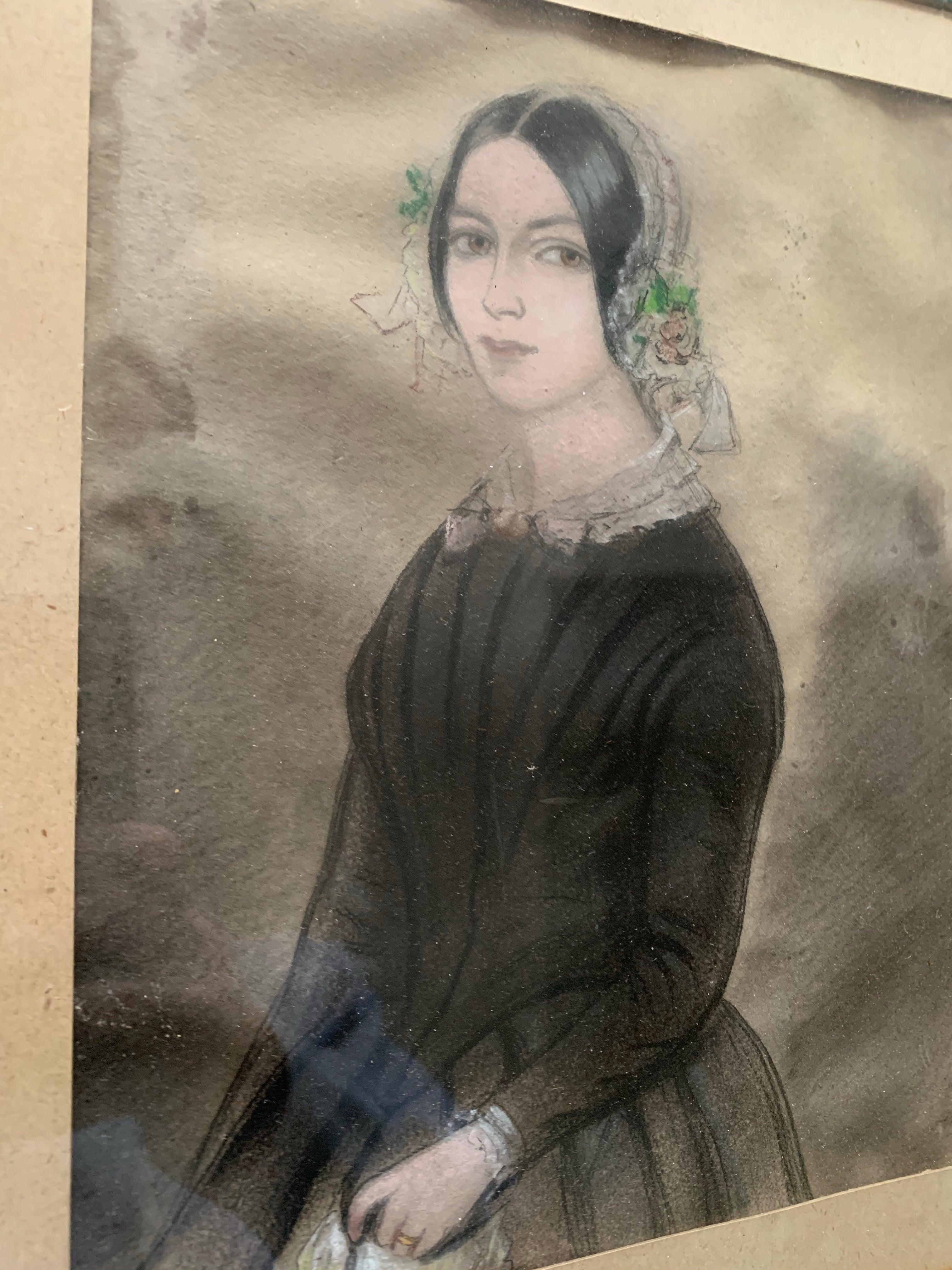 Victorian Gouache Pastel and Pencil Drawing of a Lady