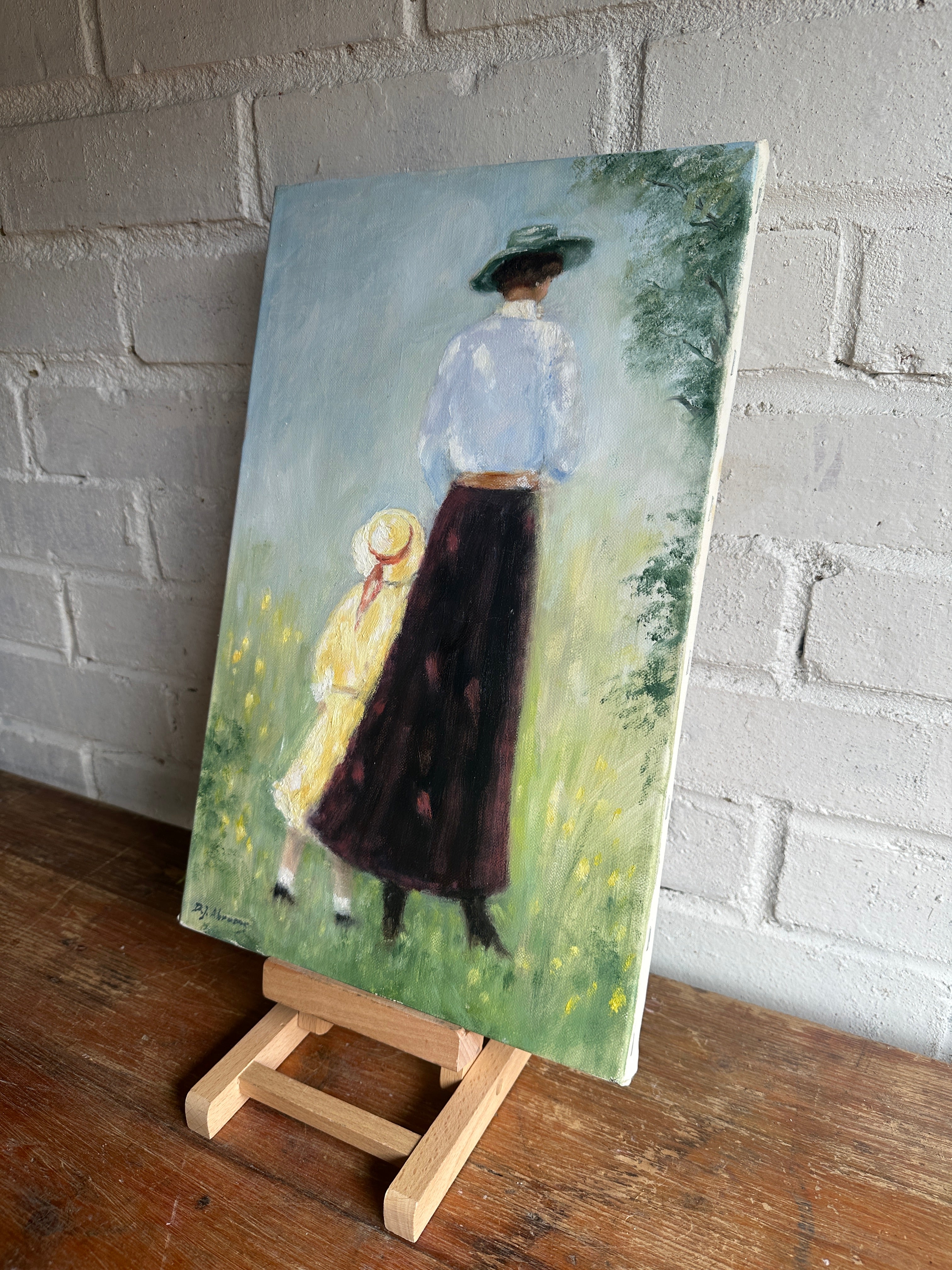Edwardian Lady & Girl: Unframed Oil on Canvas