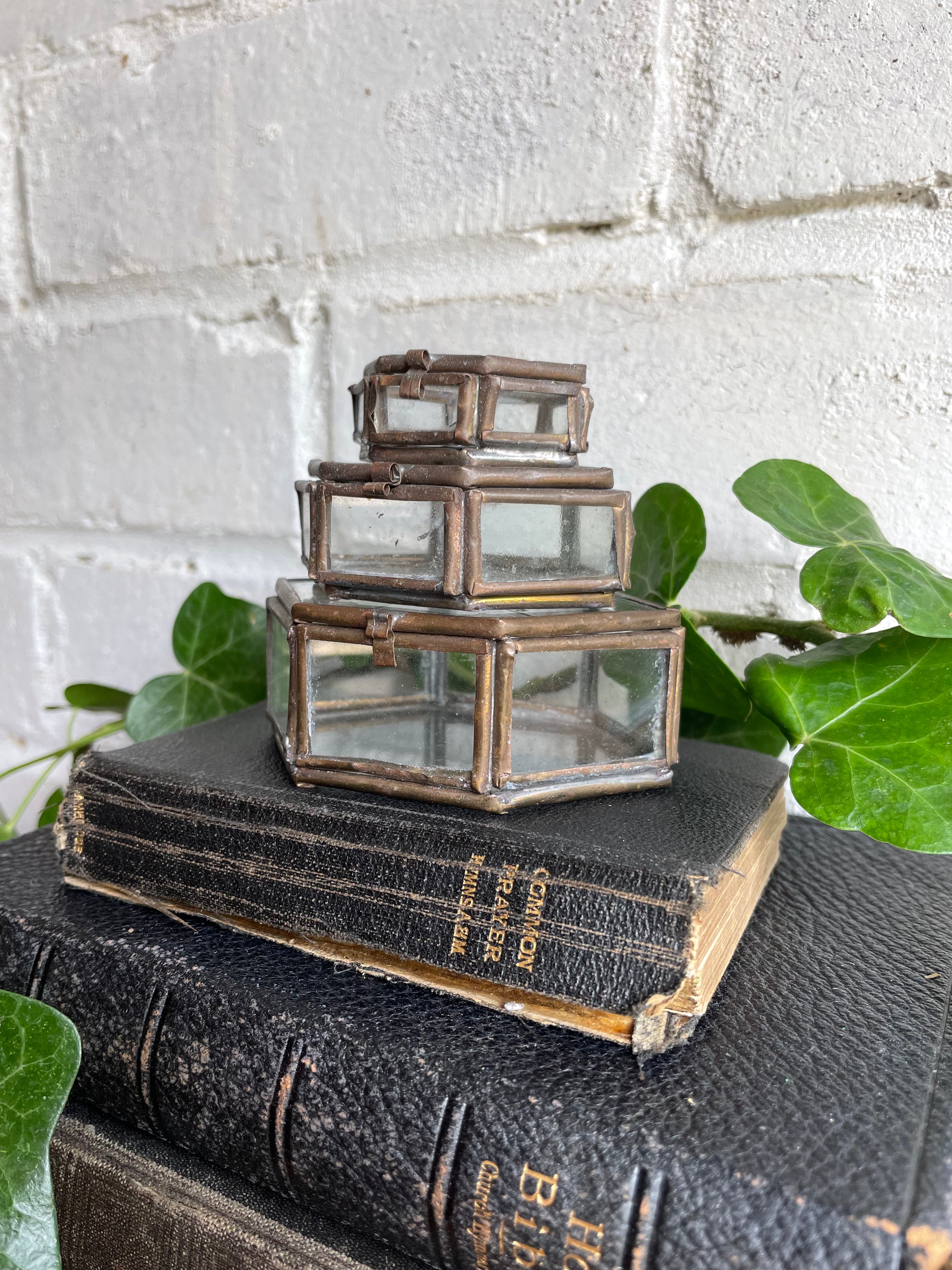 Trio of Tiny Stacking/Nesting Glass & Metal Trinket Boxes