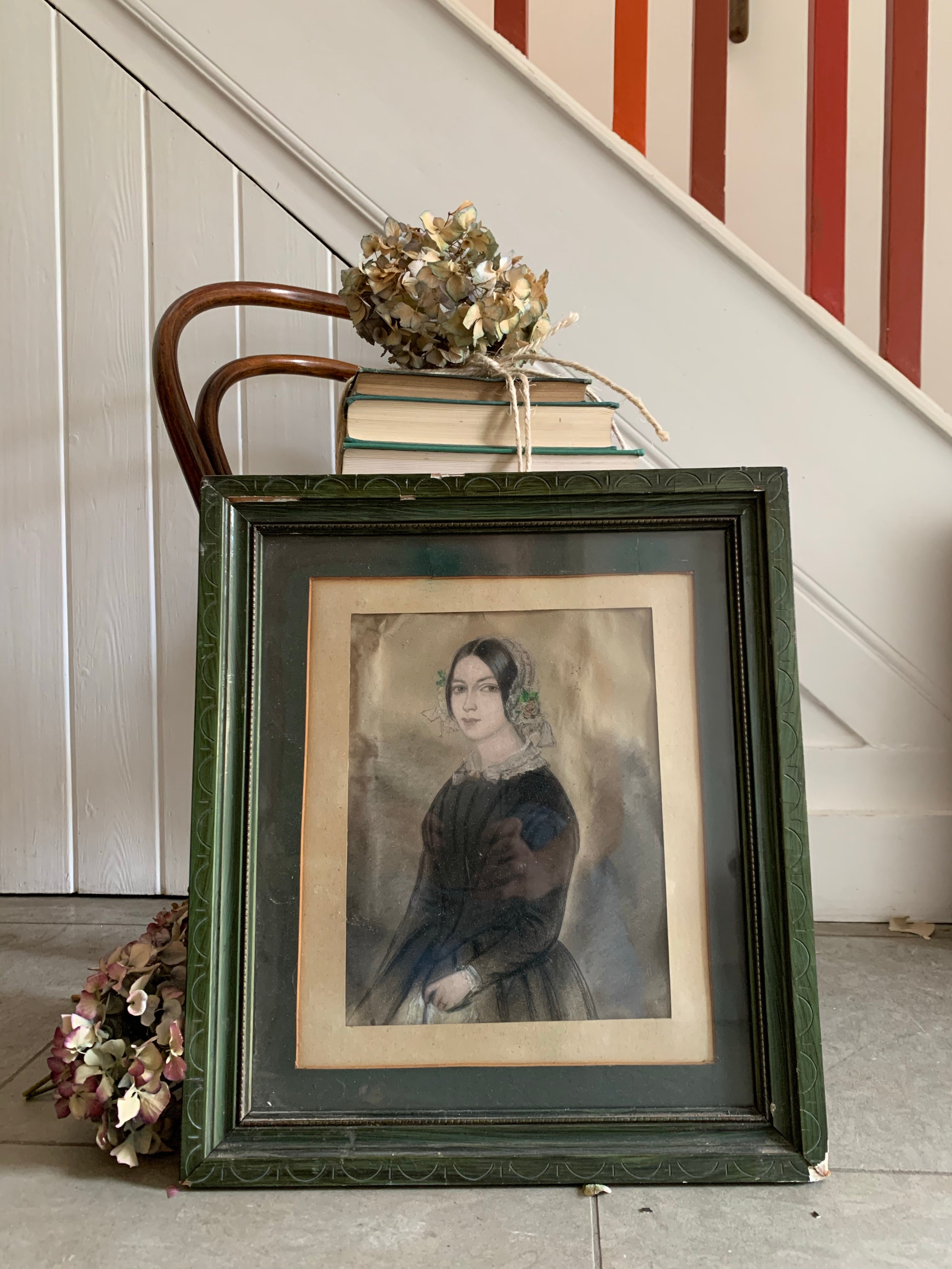 Victorian Gouache Pastel and Pencil Drawing of a Lady