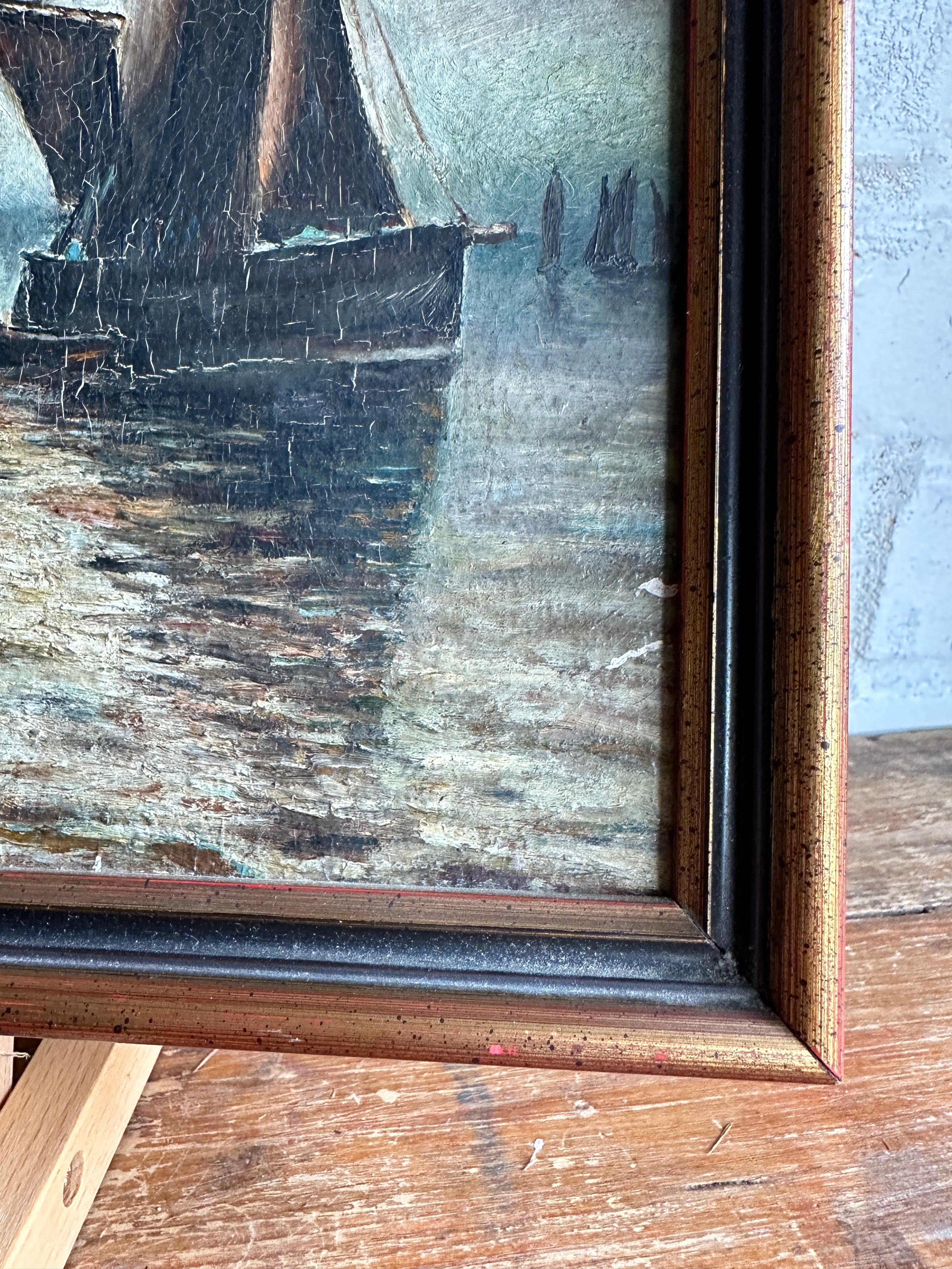 Muted Seascape with Lighthouse: Small Framed Oil on Board