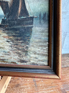 Muted Seascape with Lighthouse: Small Framed Oil on Board