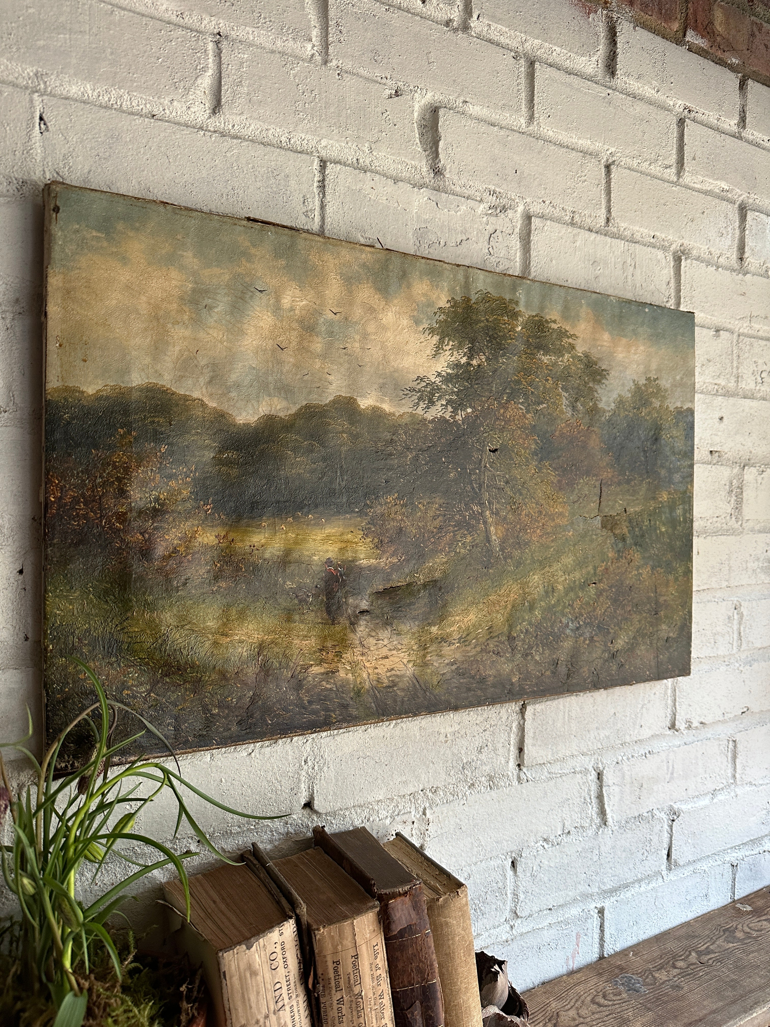 19th Century Landscape with Woman & Dog: Unframed Oil on Canvas