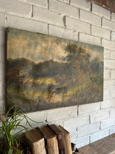 19th Century Landscape with Woman & Dog: Unframed Oil on Canvas