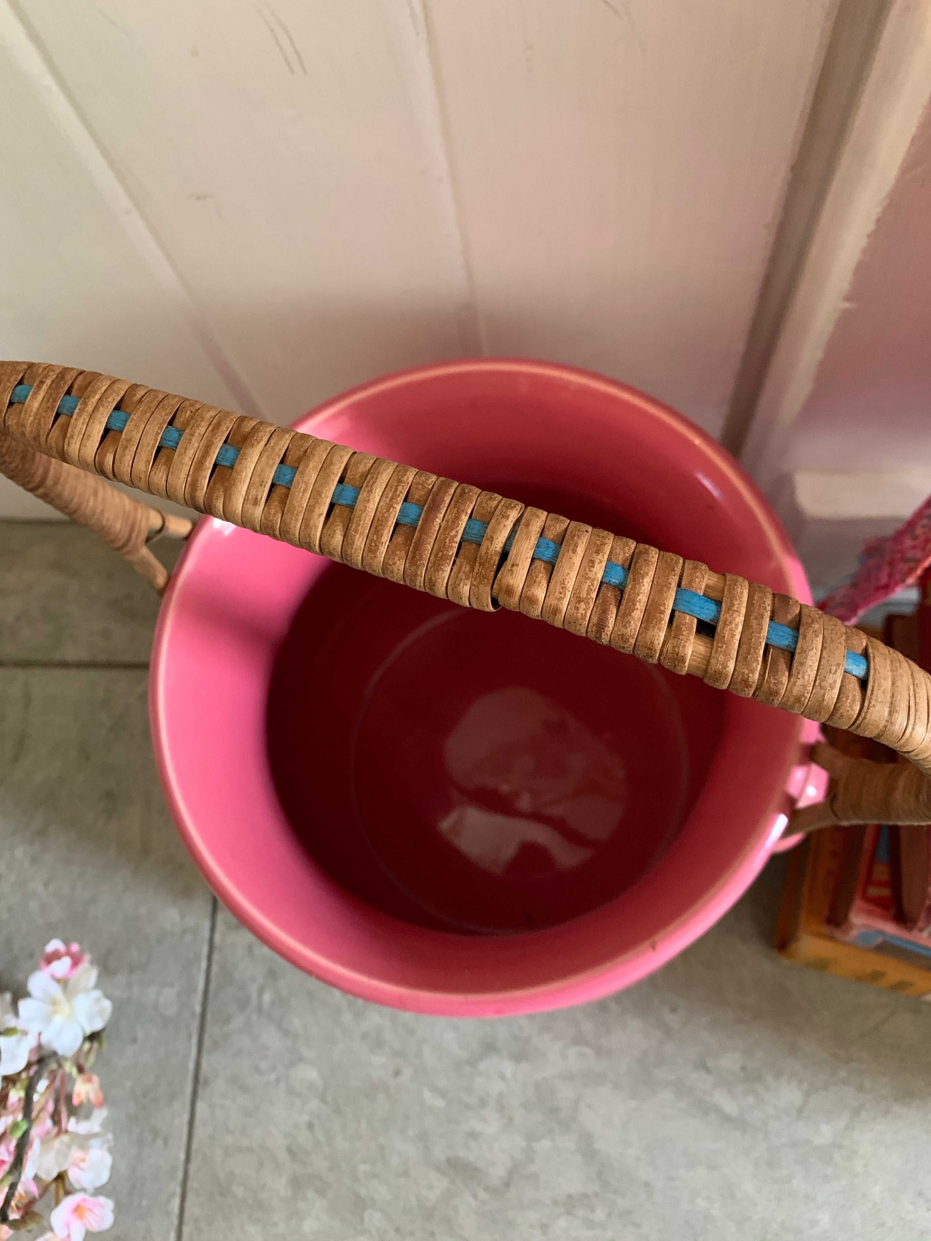 Vintage Ceramic Biscuit Bucket with Rattan Handle