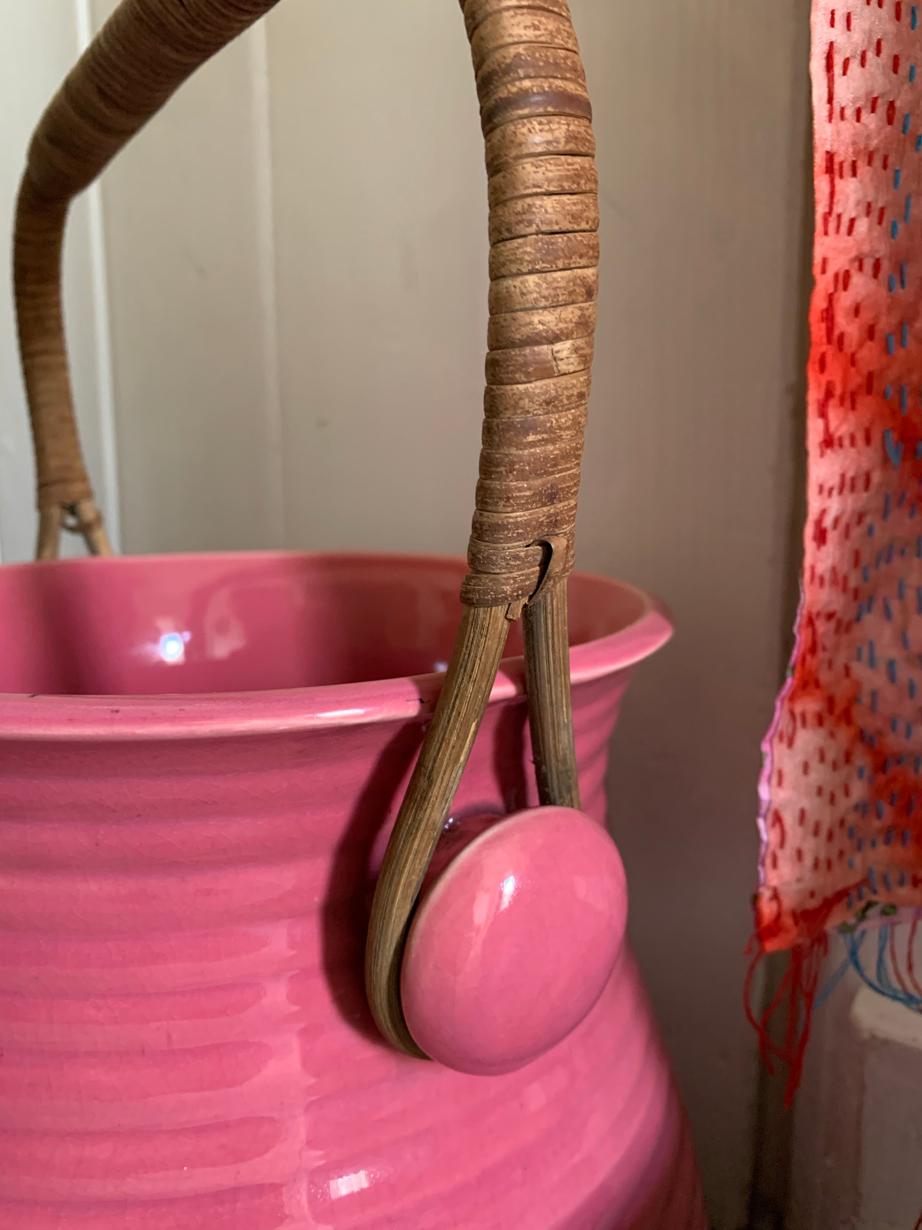 Vintage Ceramic Biscuit Bucket with Rattan Handle