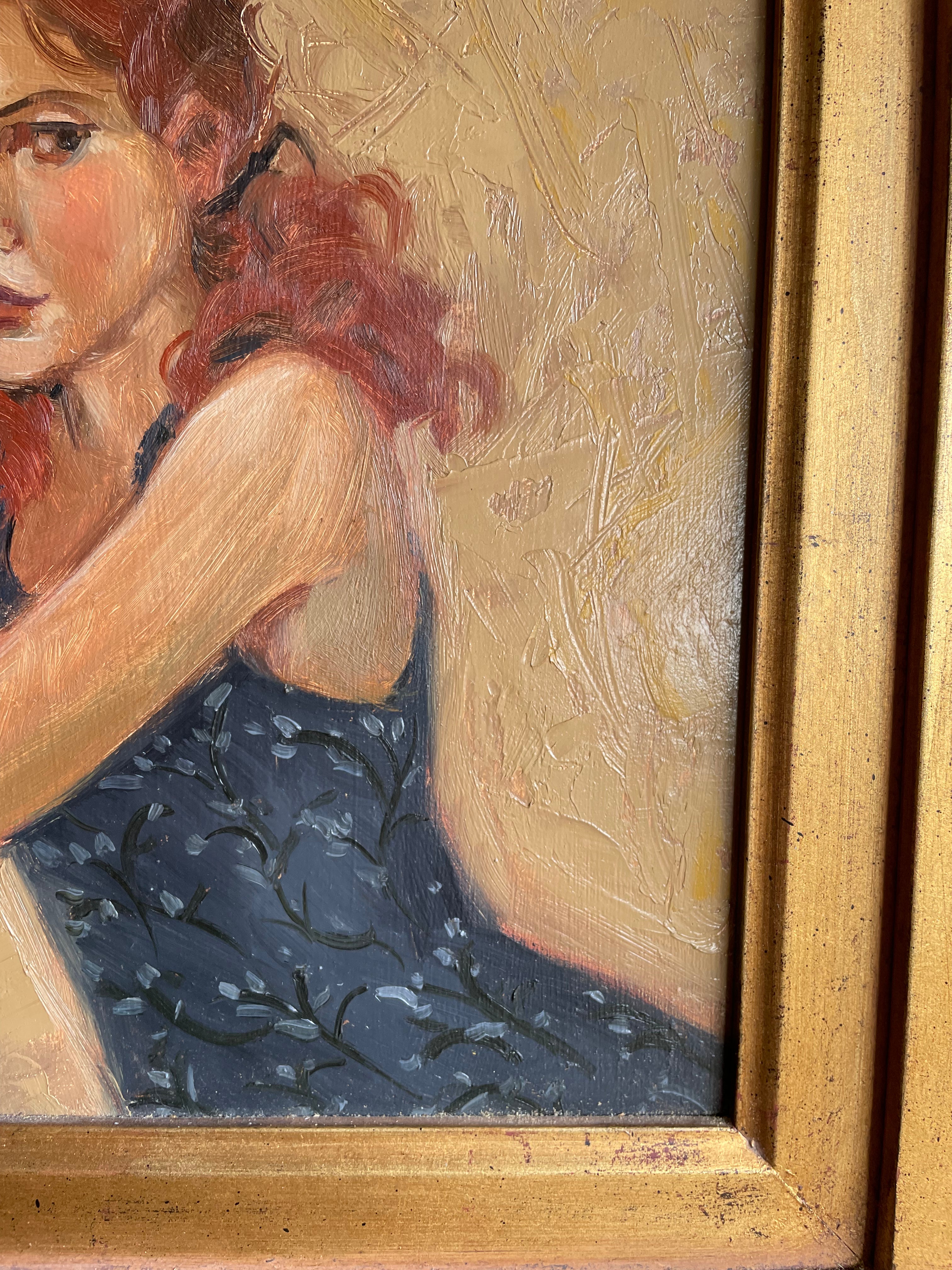 Lady with Red Hair: Midcentury Framed Oil on Board