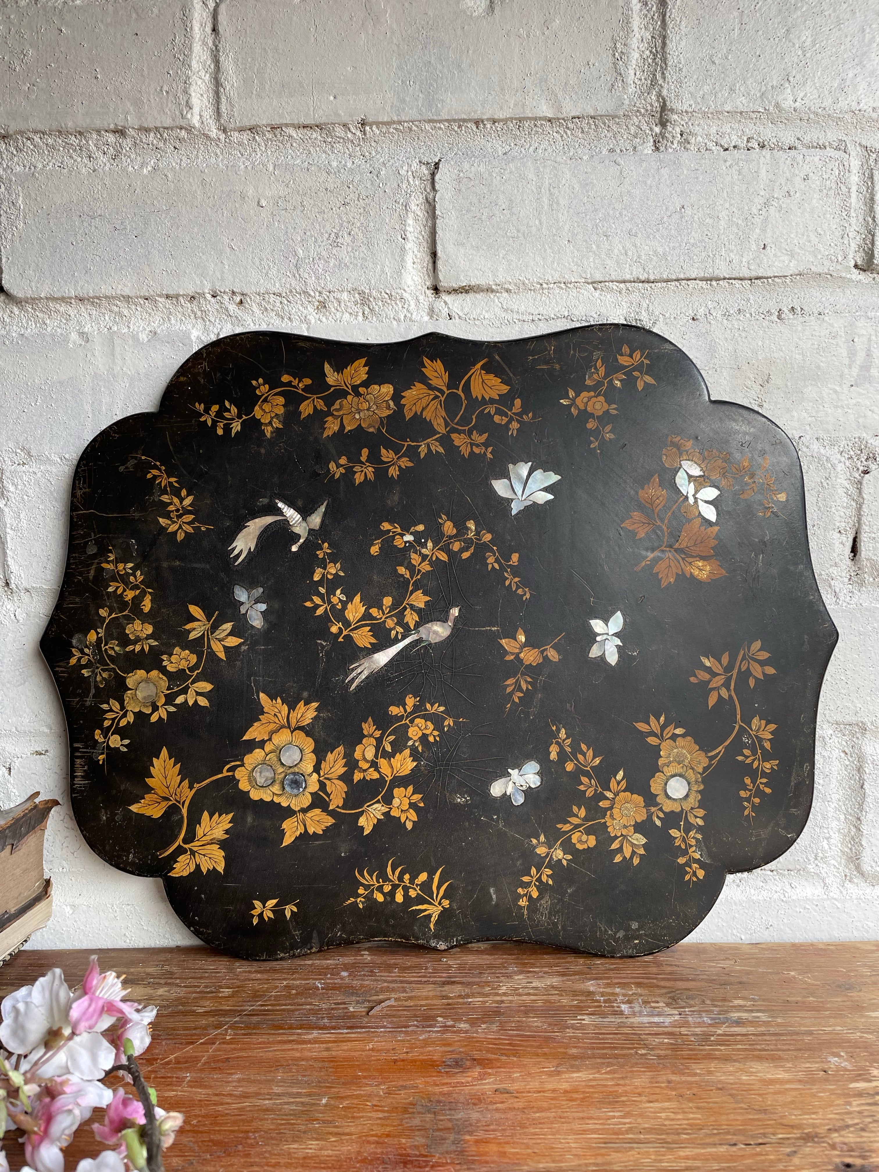Antique Chinoiserie Panel with Mother of Pearl birds and gold leaf foliage