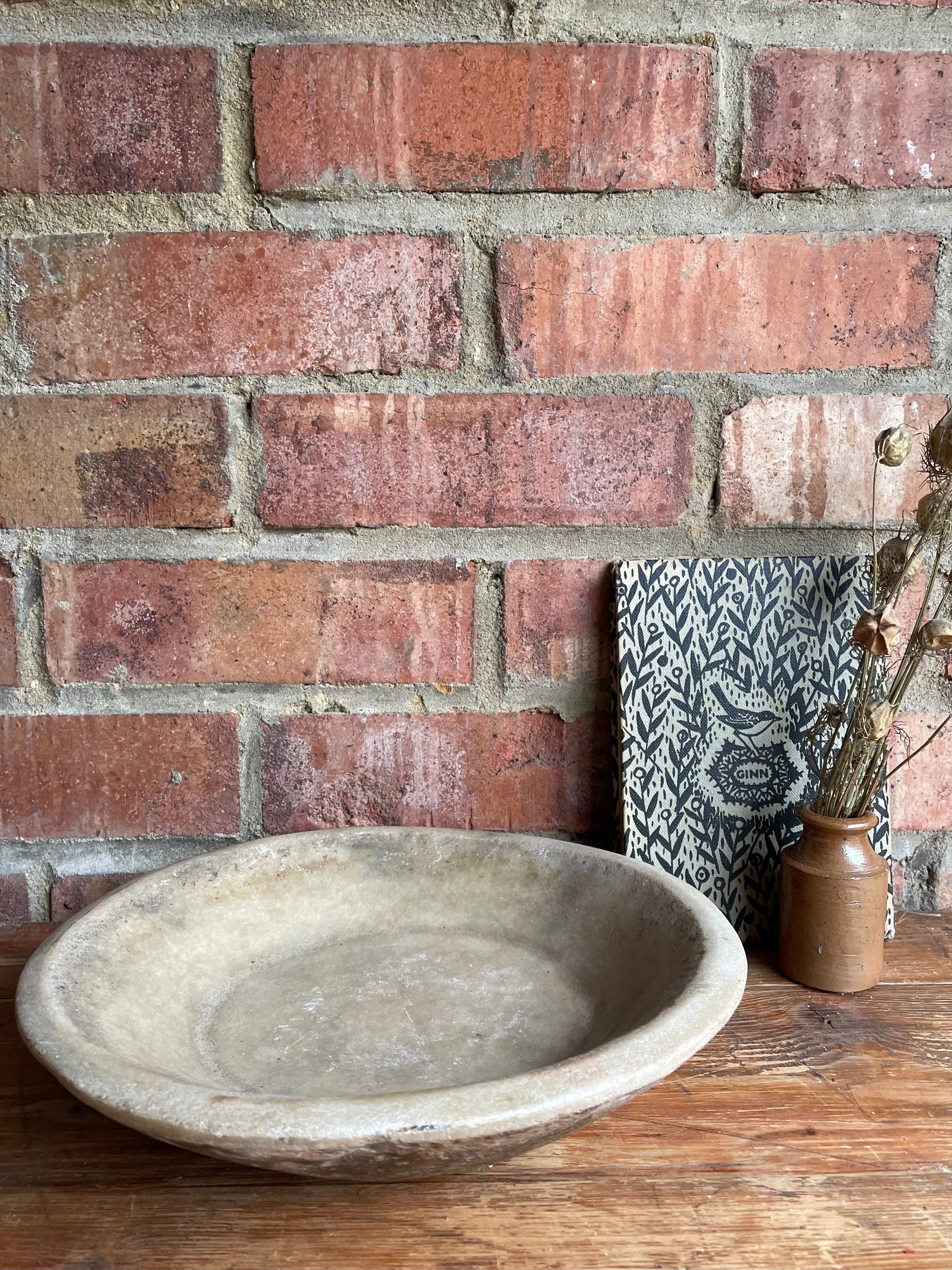 Antique Marble Stone Bowl: Beige Hues