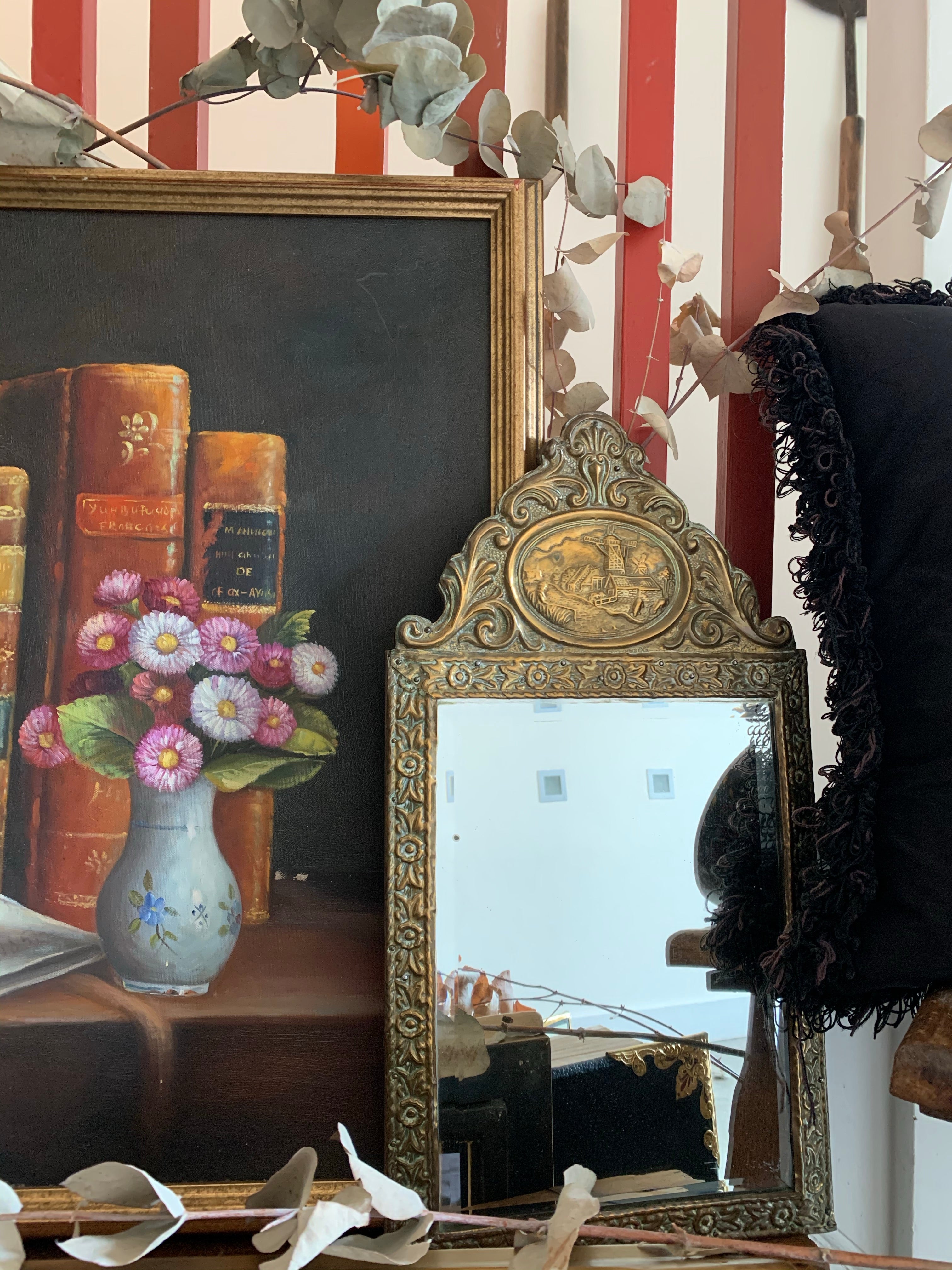 Still-Life with Leather Books: Large Framed Oil Painting