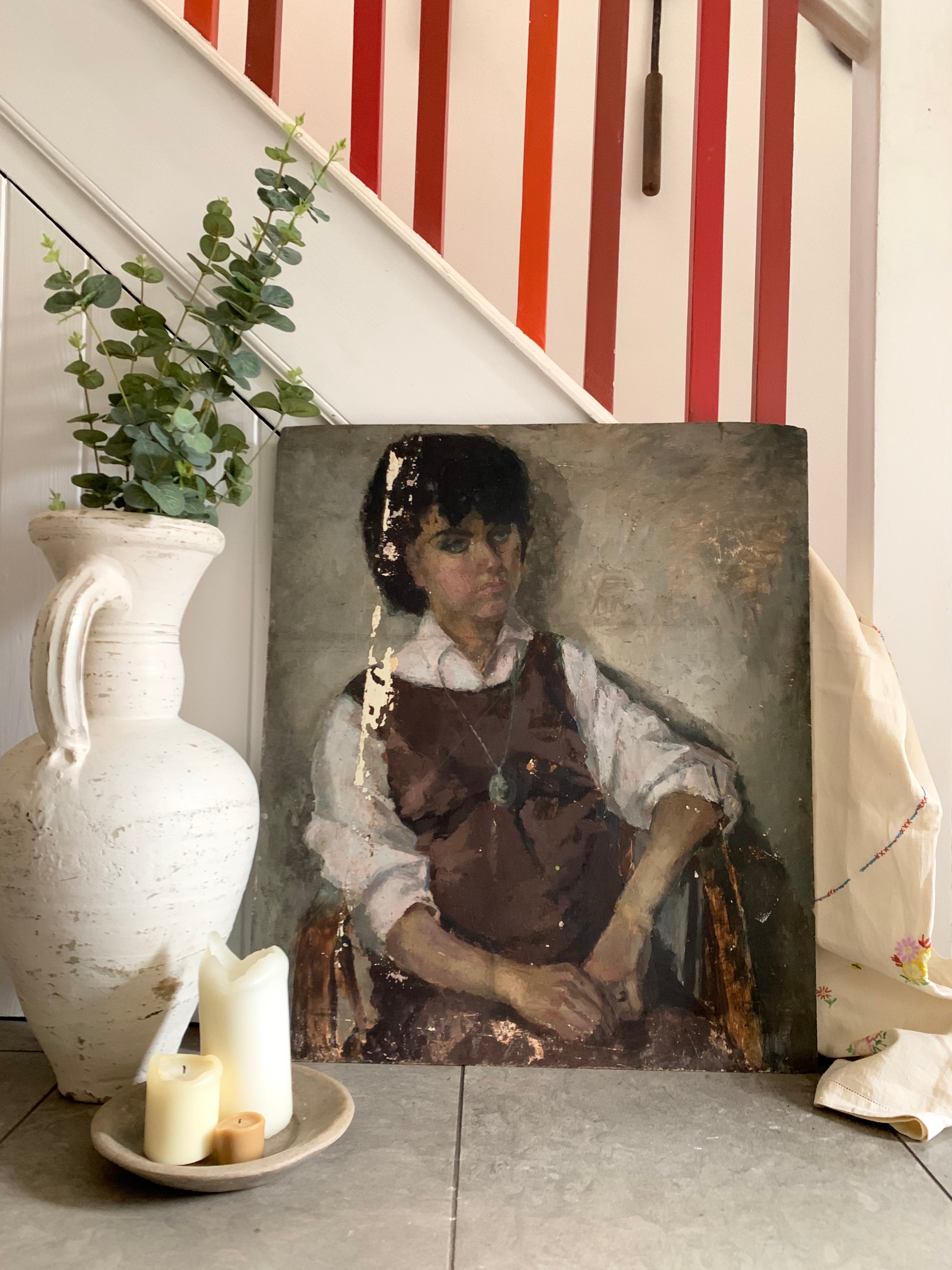 Rustic Portrait of a Lady - Large Oil on Board