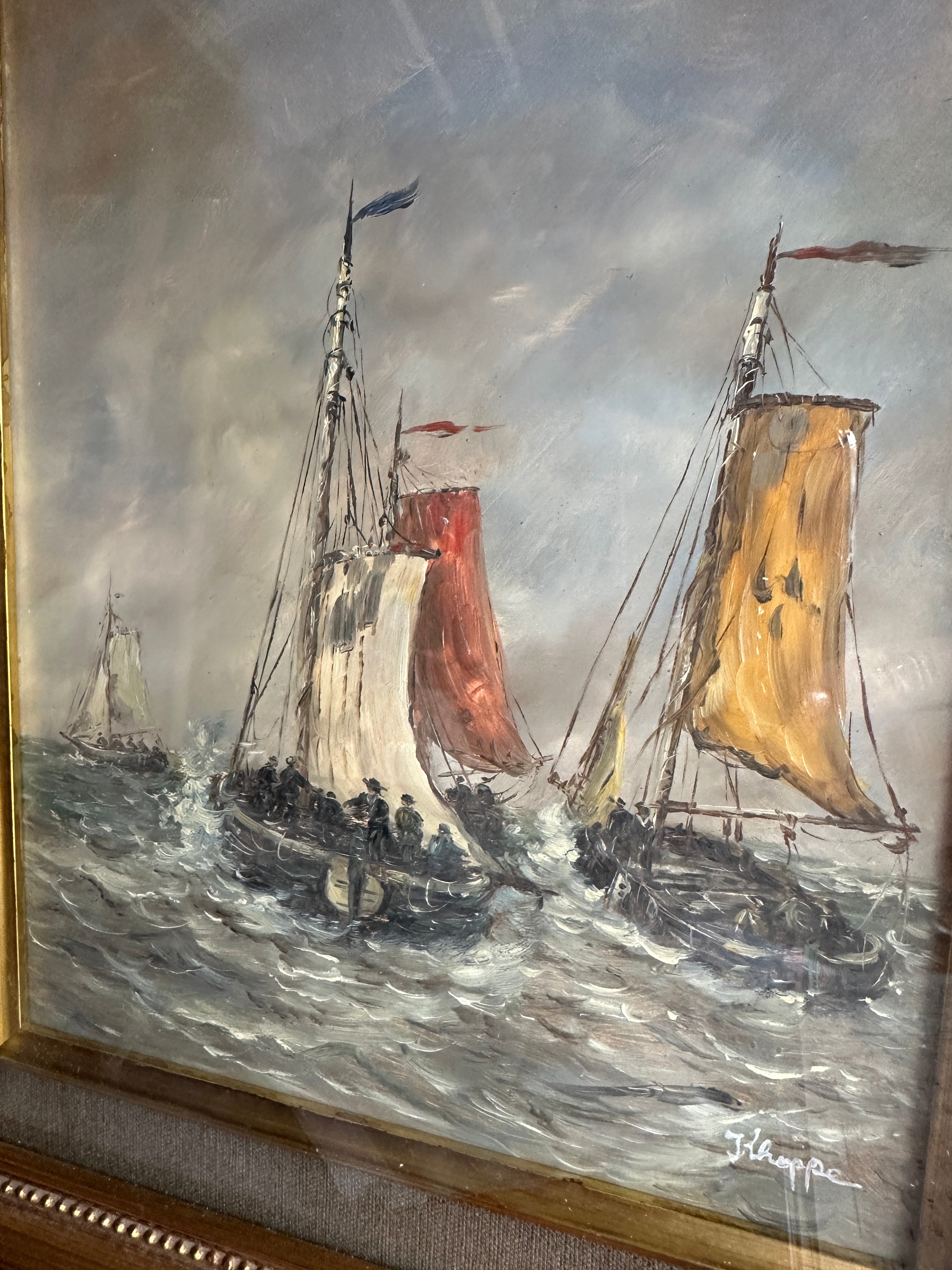 Boats at Sea with Gilt Frame: Antique Oil on Board