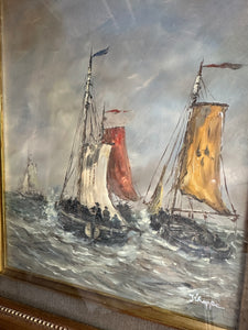 Boats at Sea with Gilt Frame: Antique Oil on Board