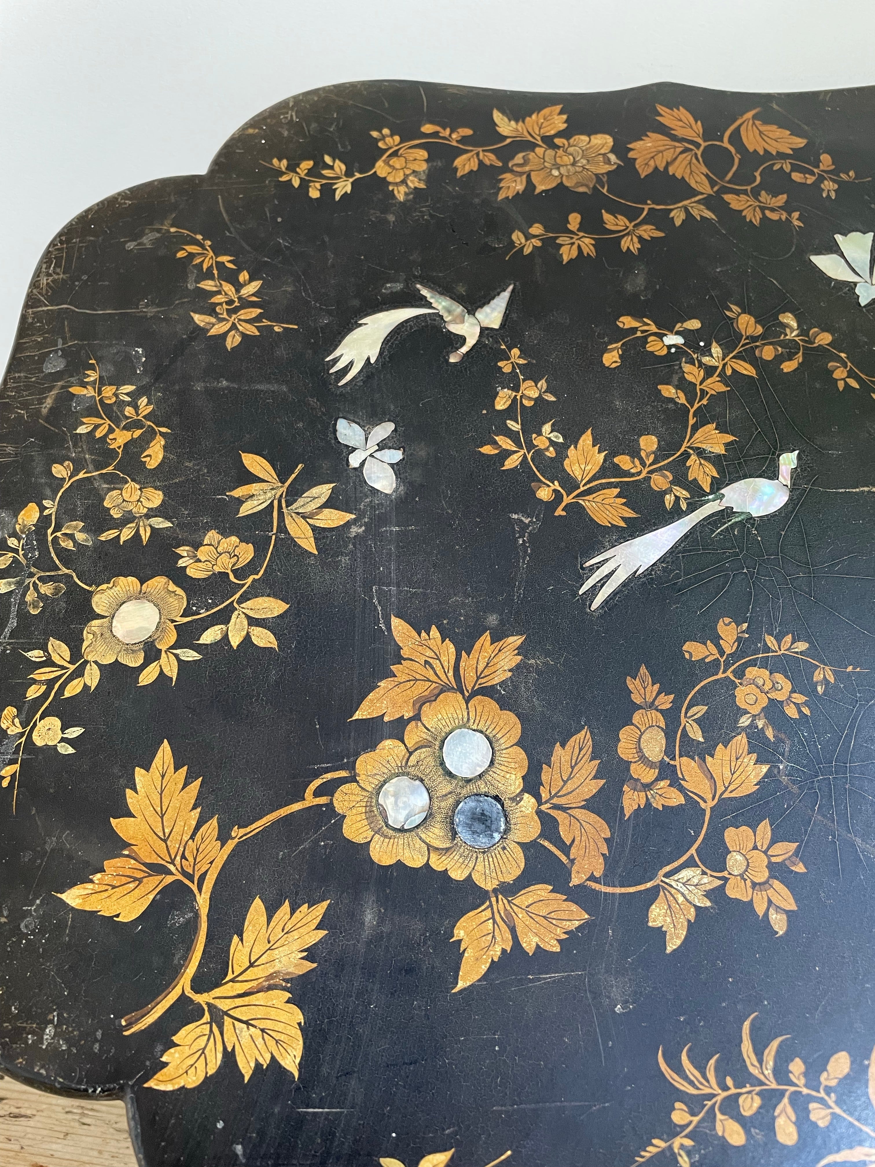 Antique Chinoiserie Panel with Mother of Pearl birds and gold leaf foliage