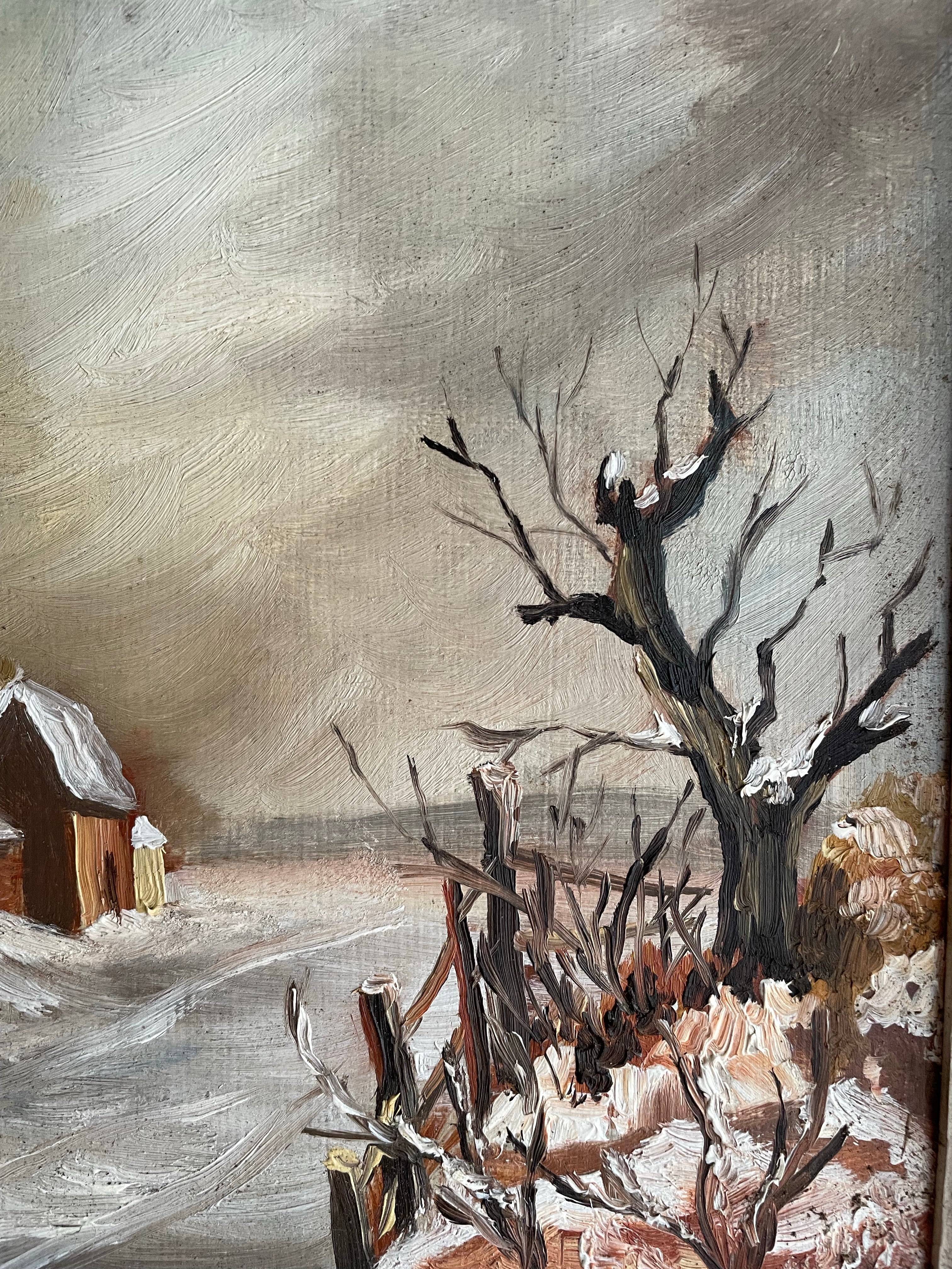 Vintage Oil on Board: Wintry Forest