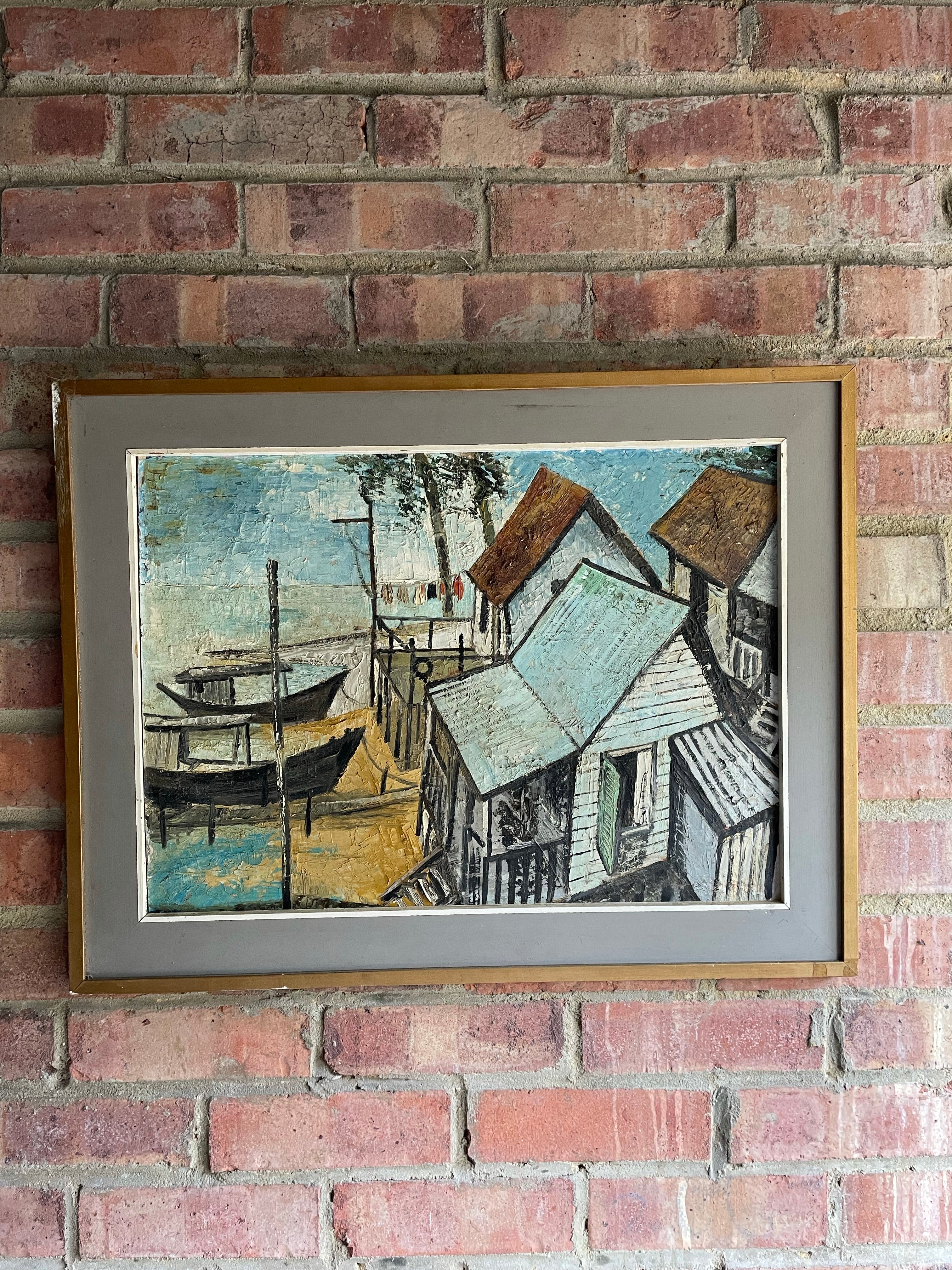 Japanese Village & Boats: Midcentury Signed Oil on Board