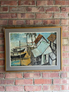 Japanese Village & Boats: Midcentury Signed Oil on Board
