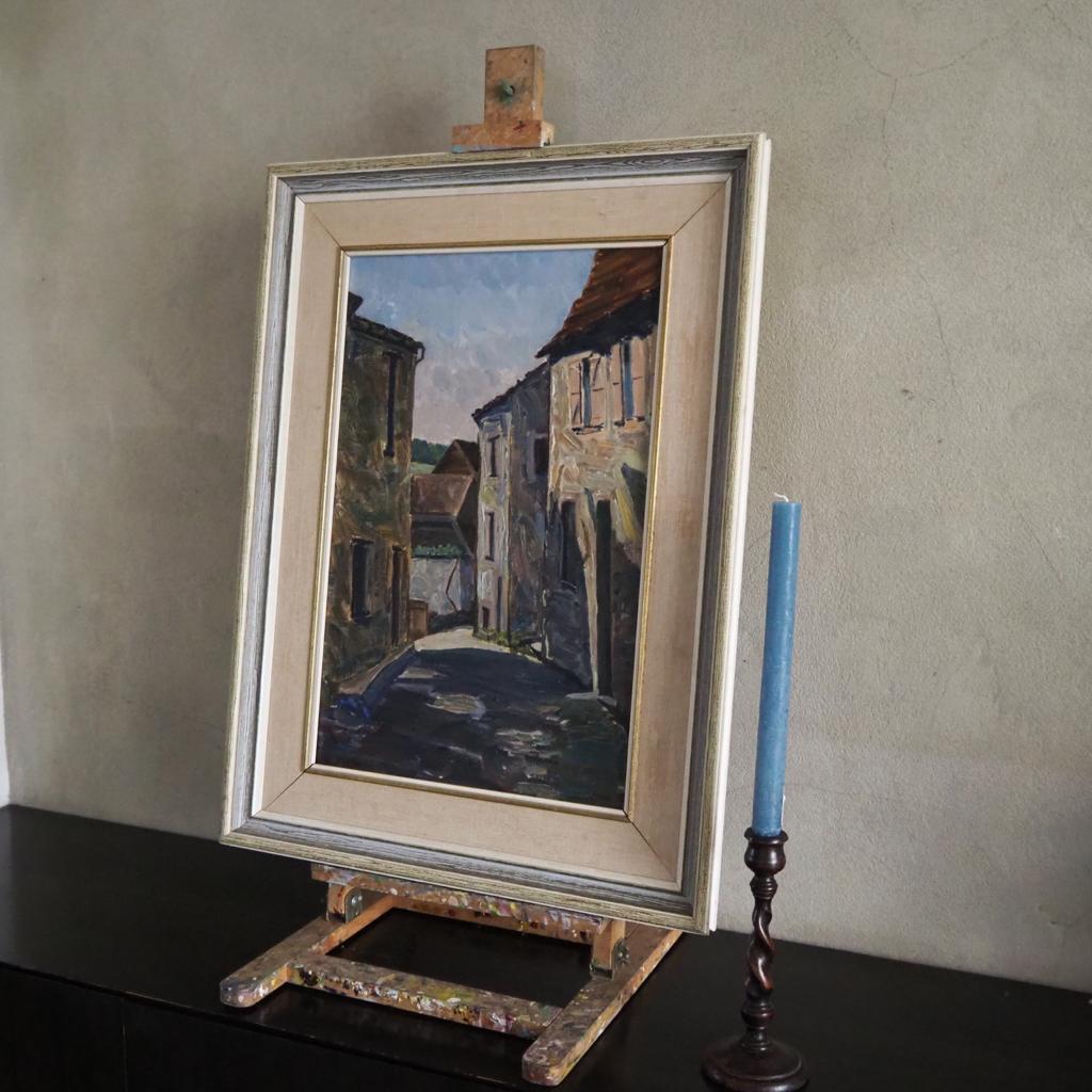Midcentury Abstract Oil Painting: A Glimpse of a Village