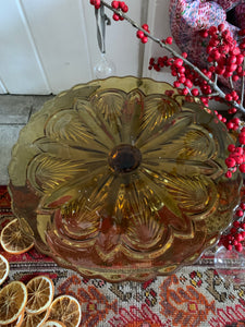 Vintage Amber Pressed Glass Cake Stand