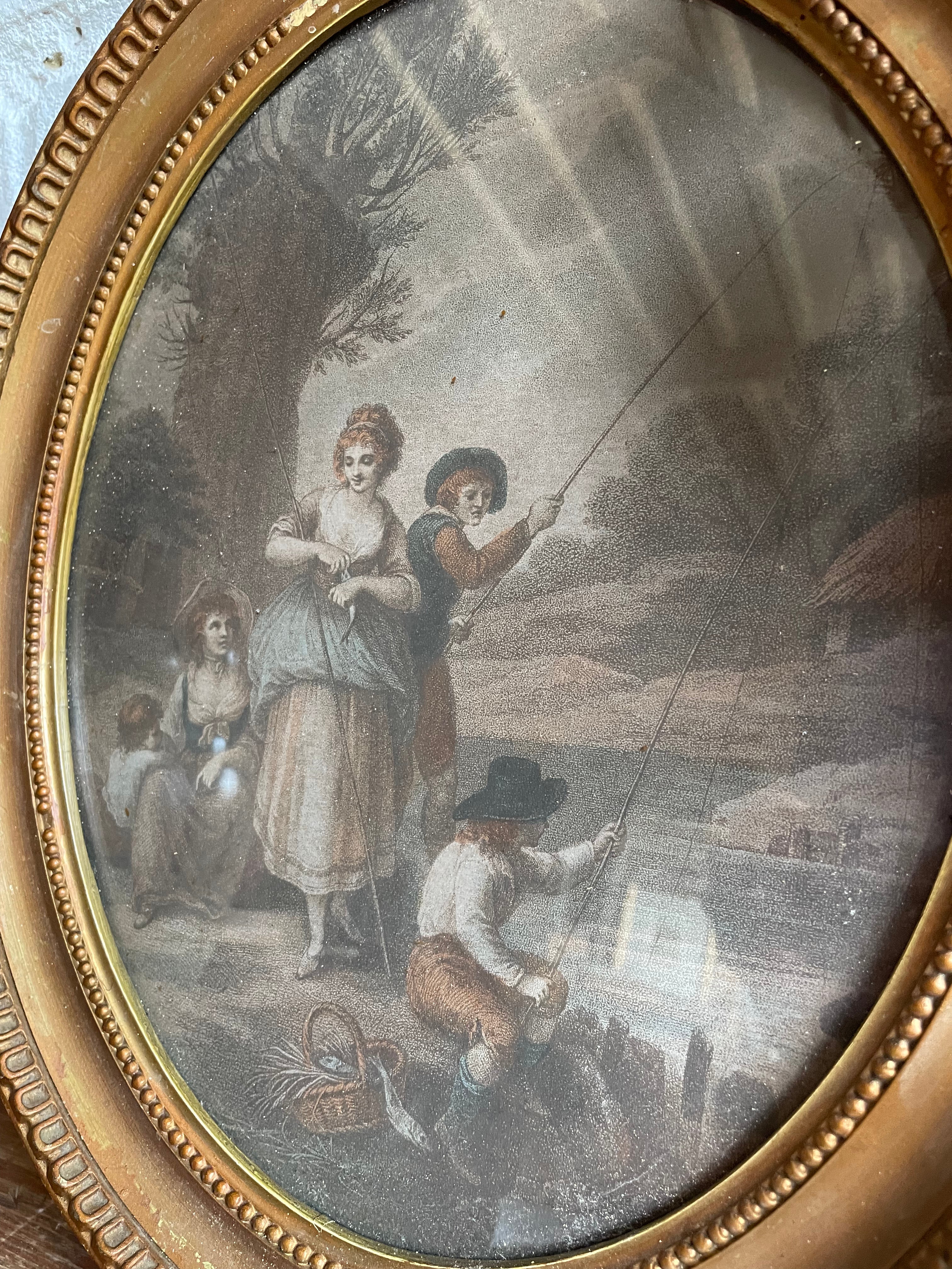 Antique Framed Lithographic Print of a Family Fishing