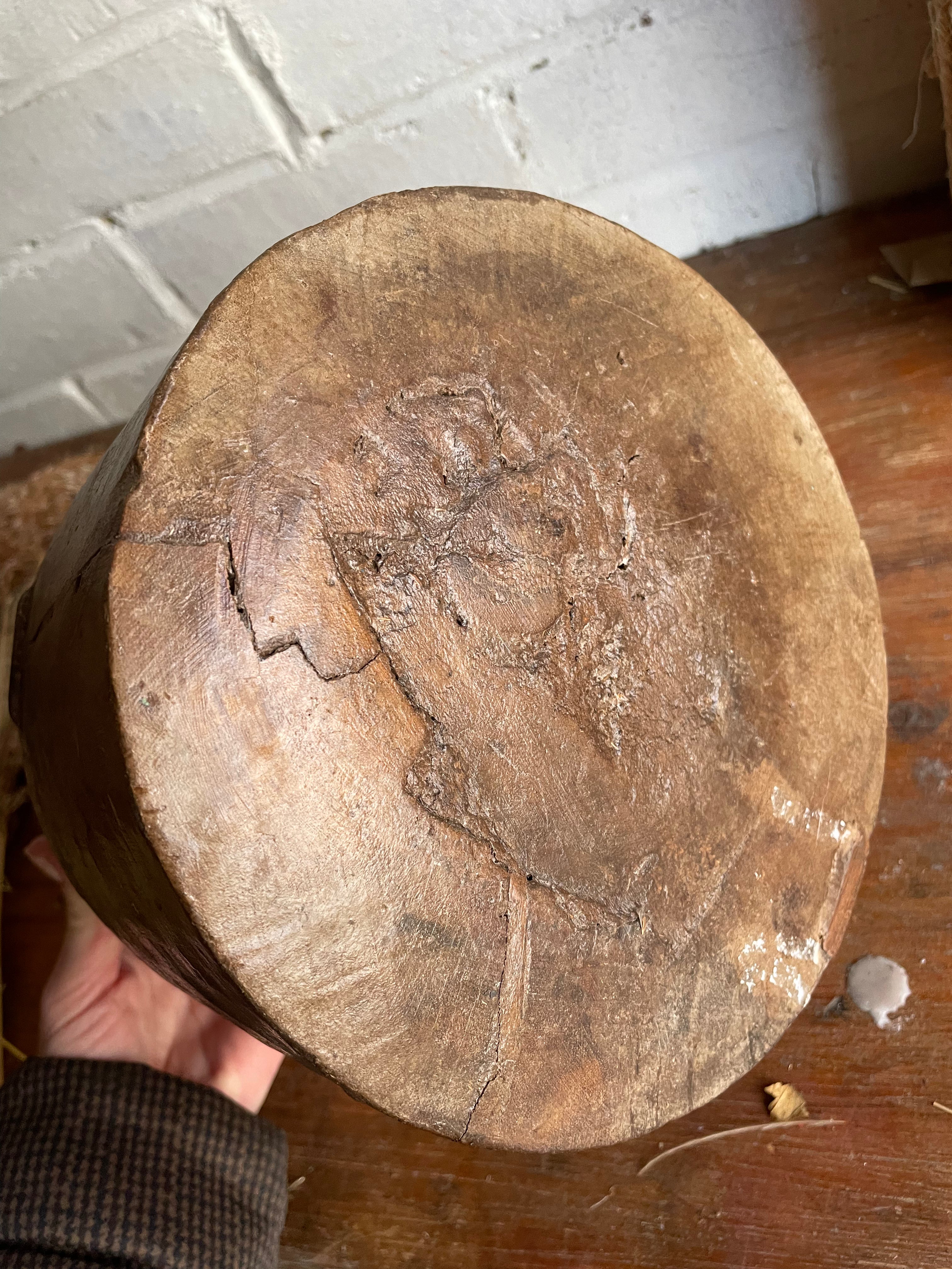 19th Century Indian Hand-Carved Wood Grain Measure Pot