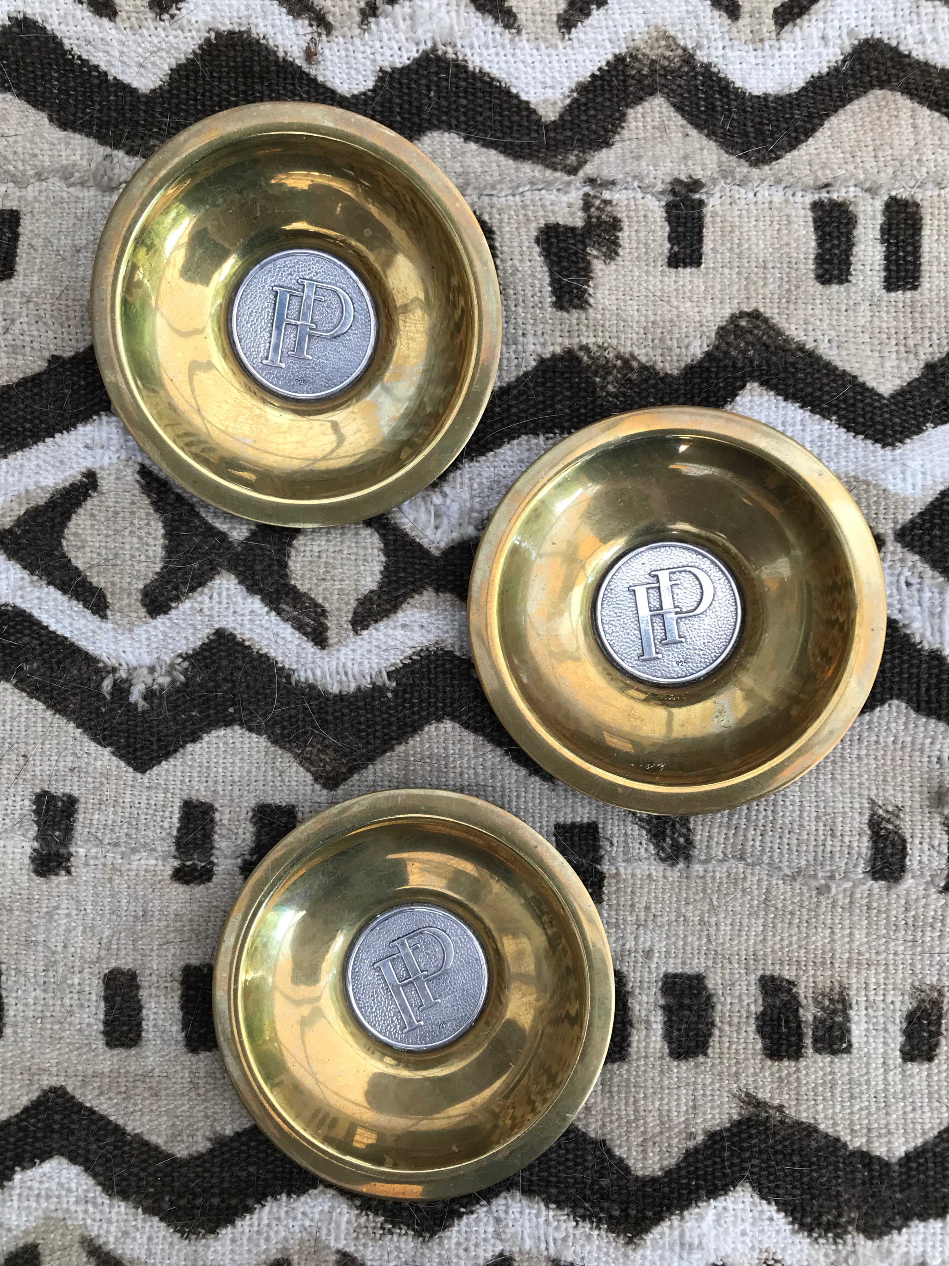 Trio of Small Initialed Brass and Pewter dishes