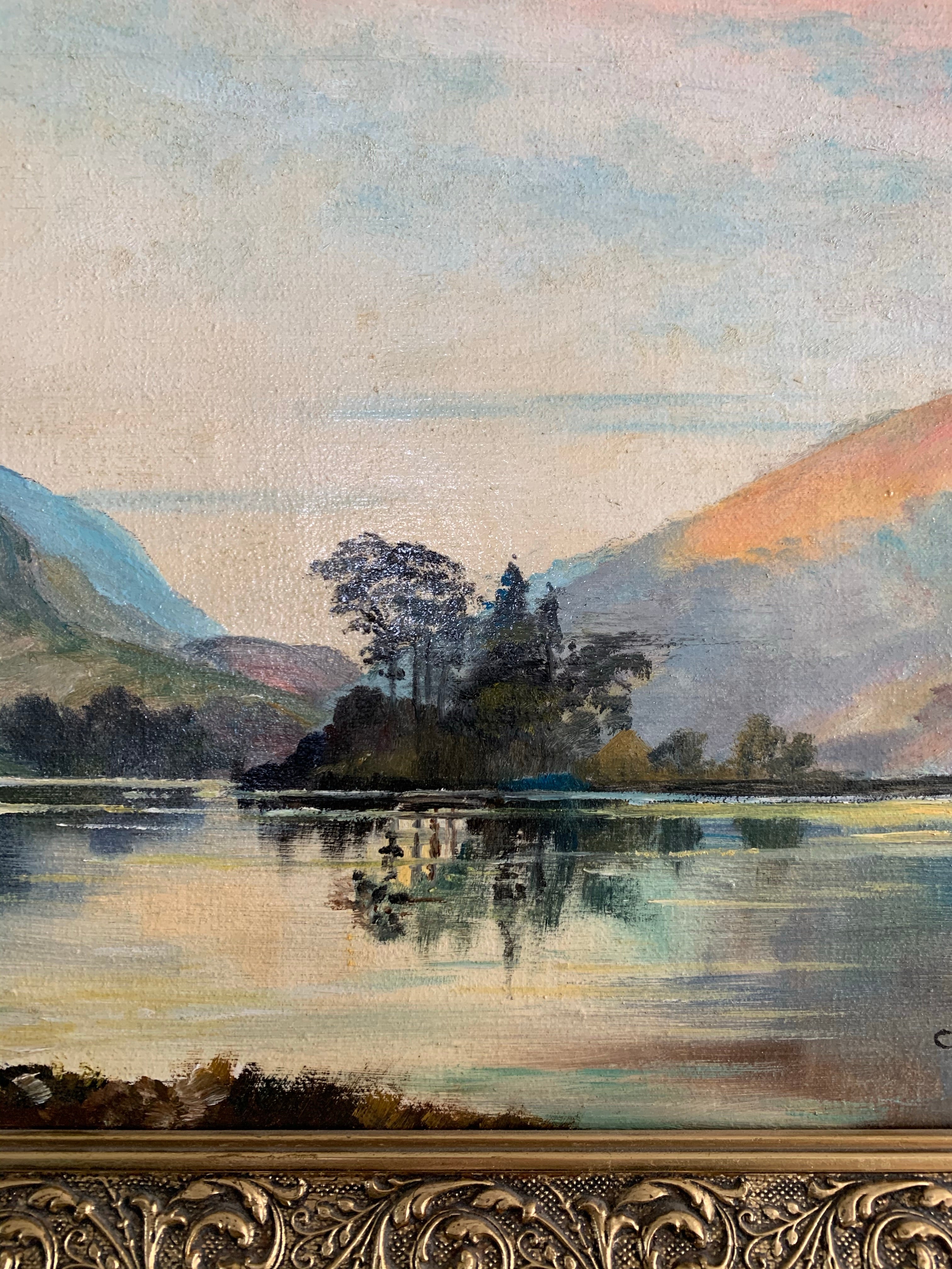 A Lake at Sunset:  Signed Oil on Canvas