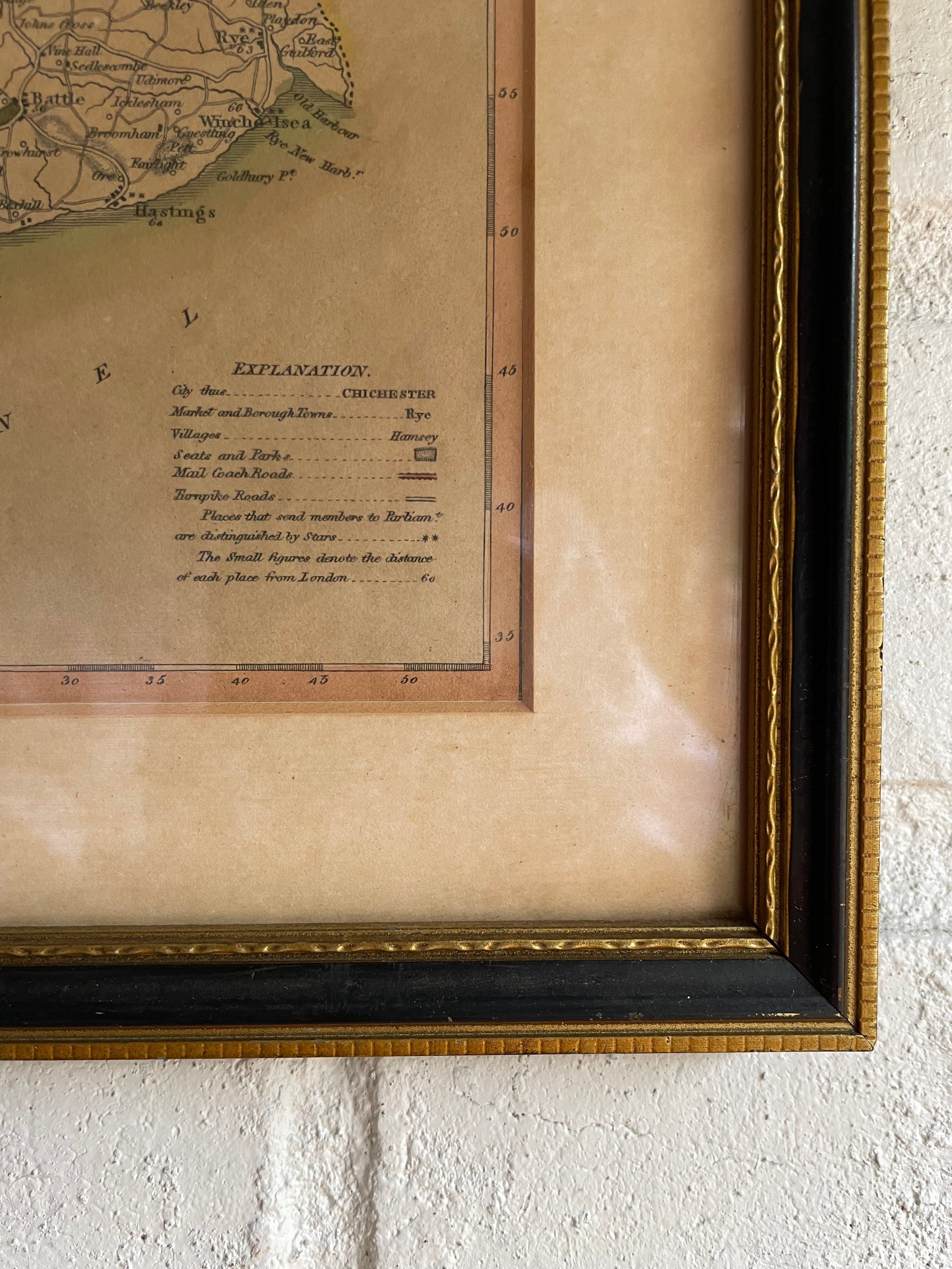 Framed 19th Century Hand-Coloured Map of Sussex