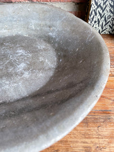 Antique Marble Stone Bowl: Beige/Grey Hues