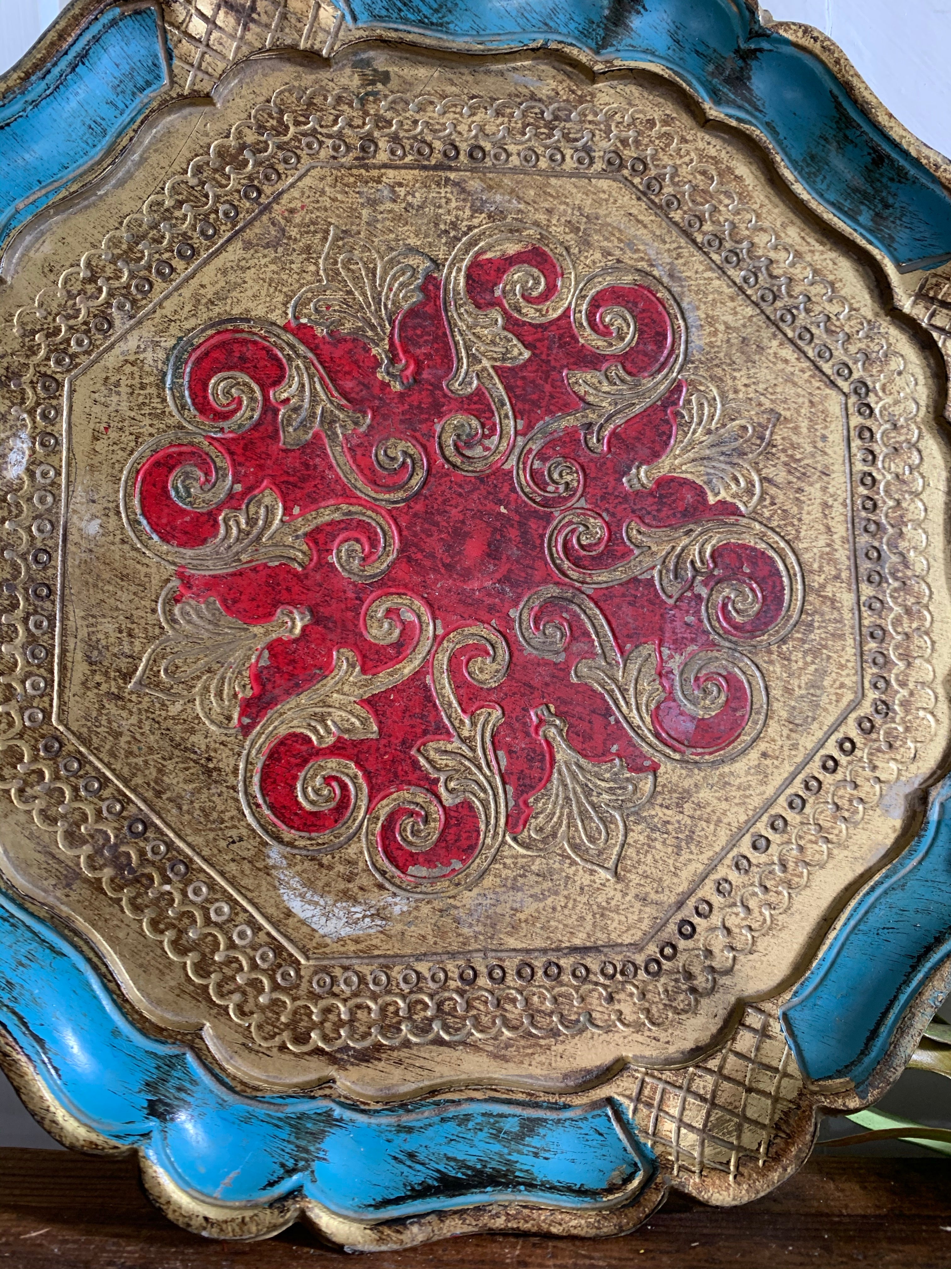 Round Blue & Red Florentine Gilt Tray