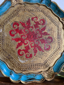 Round Blue & Red Florentine Gilt Tray