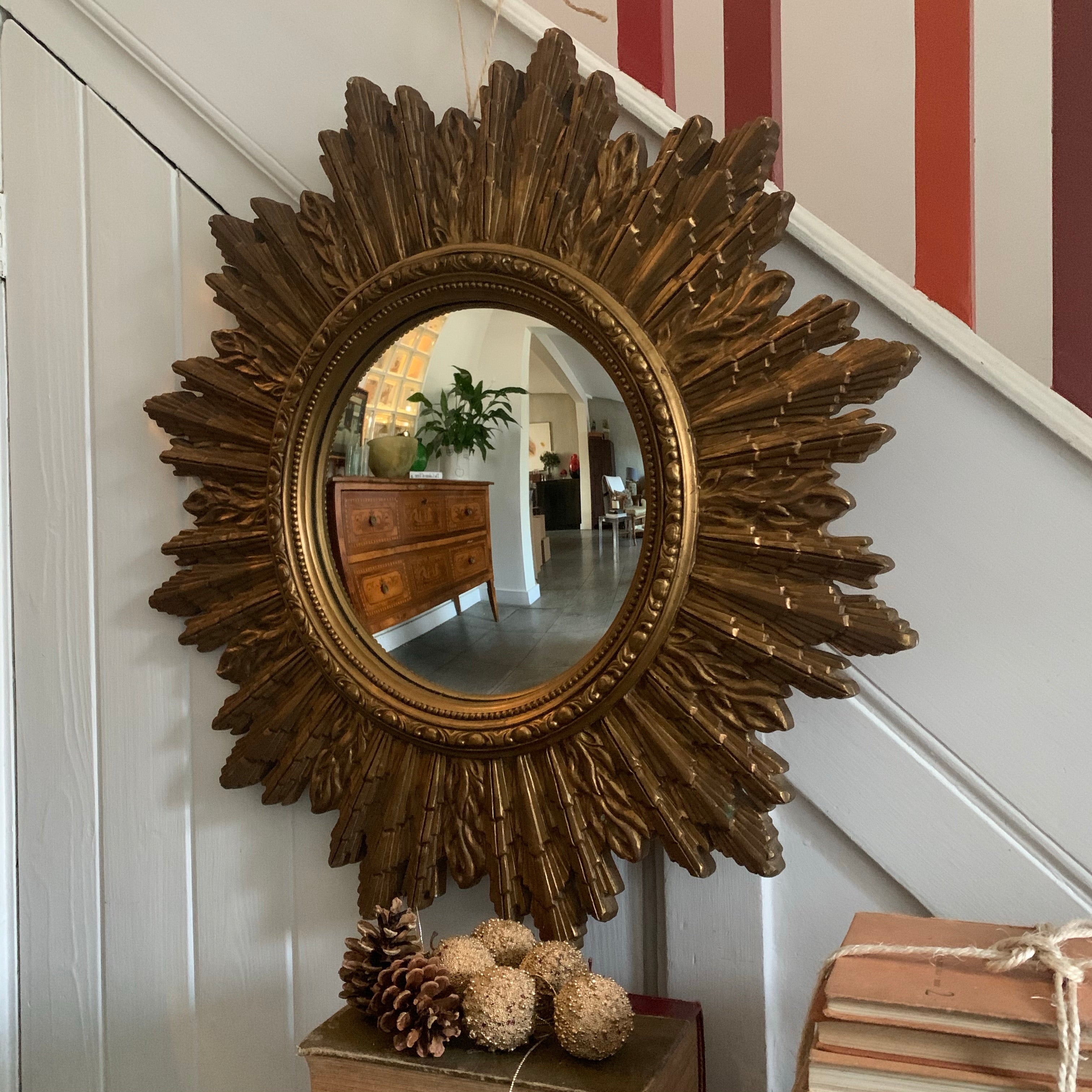 Large Vintage Convex Sunburst Mirror